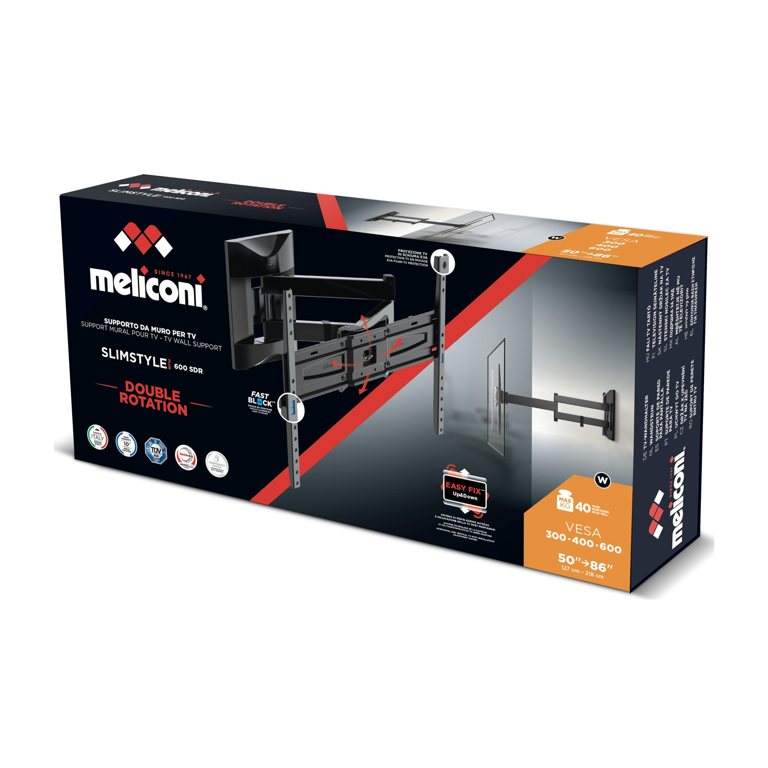 Scatola supporto da muro TV Meliconi Slimstyle 600 SDR, nera e rossa.