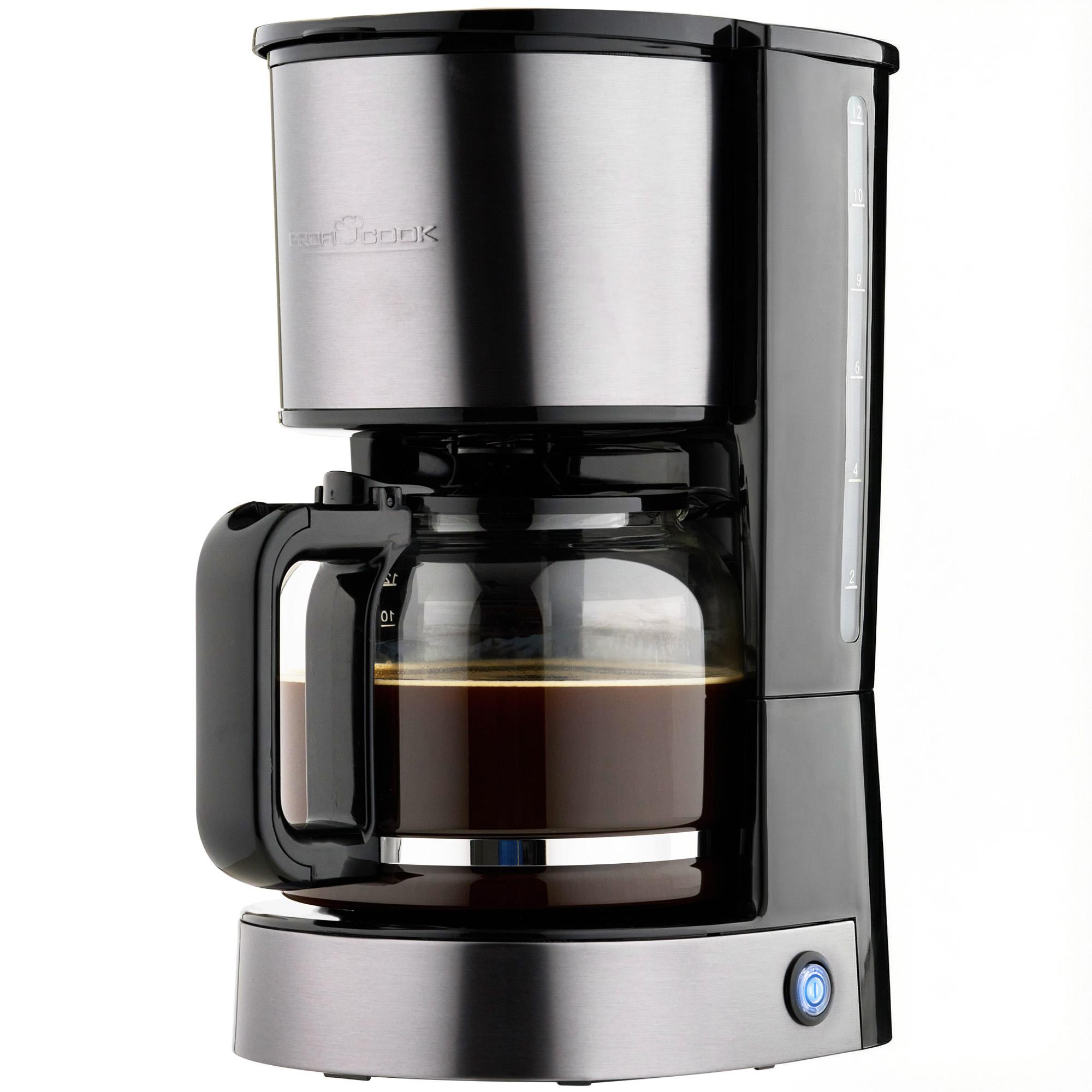 Eine schwarze Kaffeemaschine mit Edelstahlakzenten und gefüllter Glaskanne.