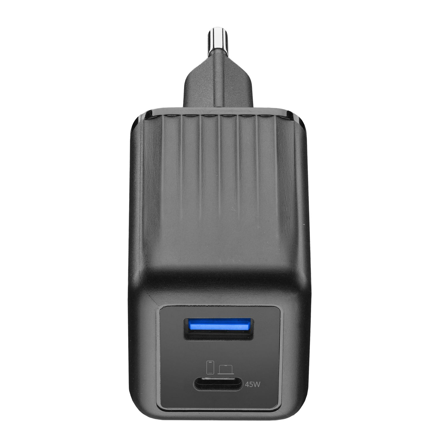 Un cargador USB negro de 45W con un puerto USB azul y otro conector.