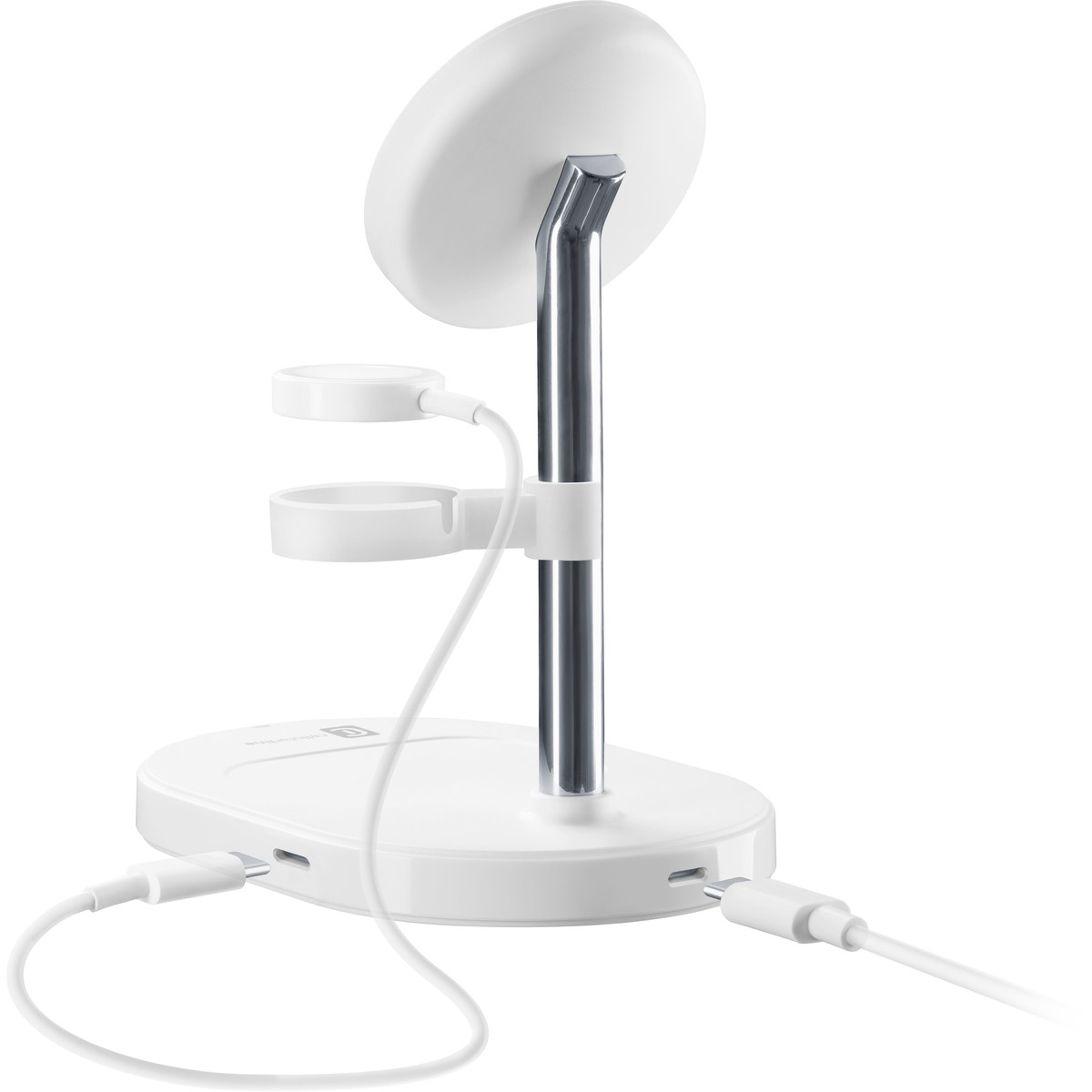 Soporte de carga blanco con poste metálico, para relojes y teléfonos, con cables.