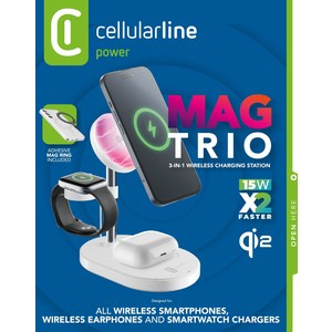 Base de carga inalámbrica Cellularline Mag Trio 3 en 1 para teléfono, reloj, auriculares.