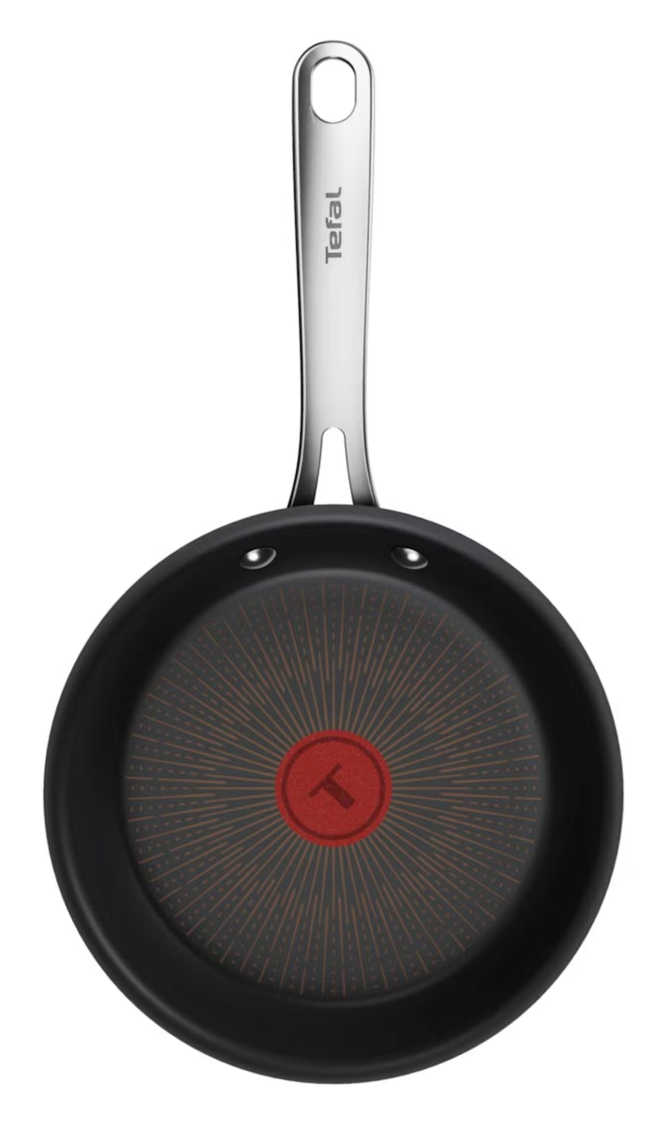Czarna patelnia Tefal z czerwonym wskaźnikiem Thermo-Signal i metalową rączką.