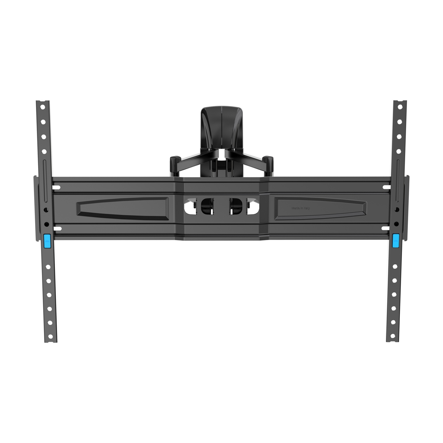 Supporto da parete TV nero con bracci regolabili e design perforato.