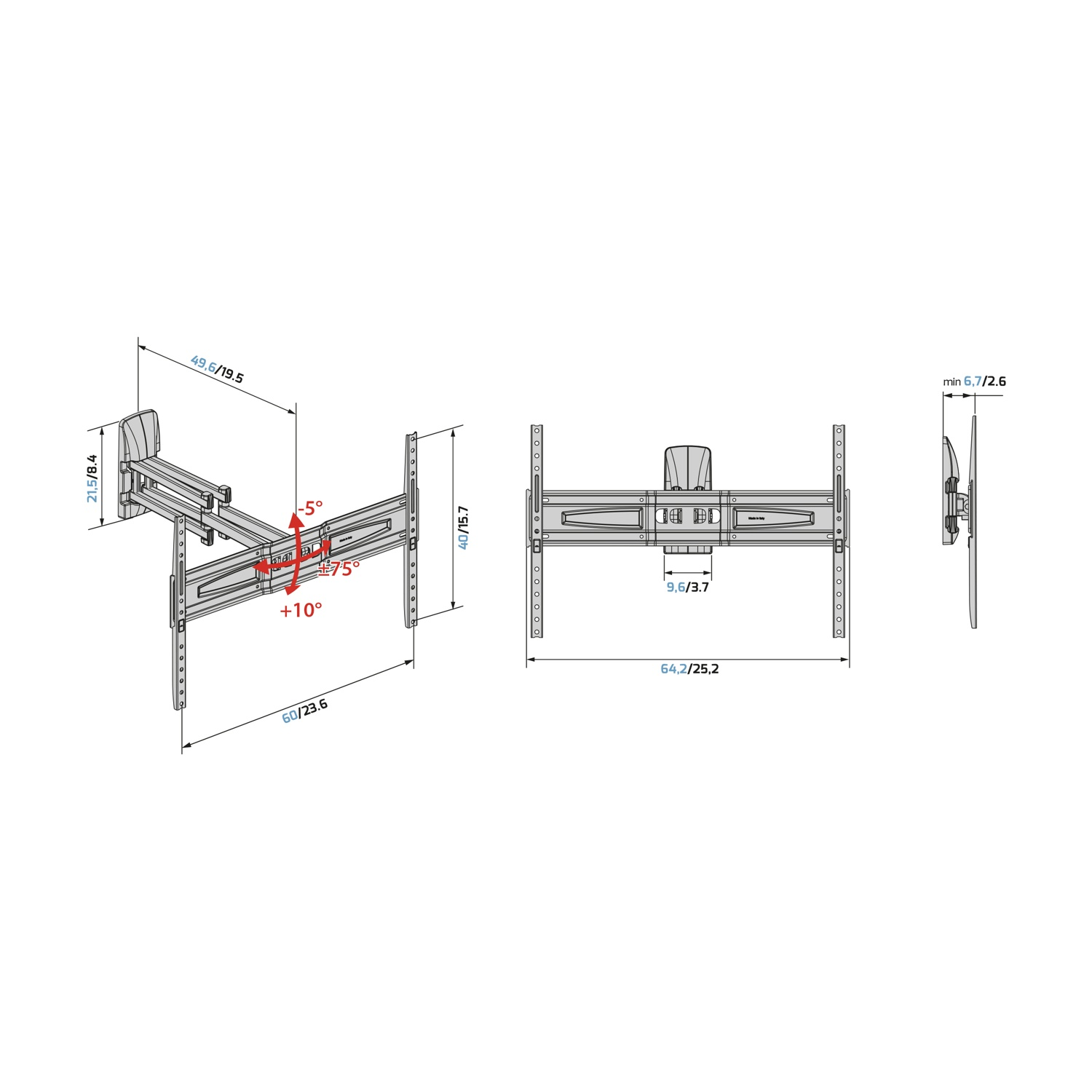 Disegno tecnico di un supporto da parete TV con dimensioni e angoli.
