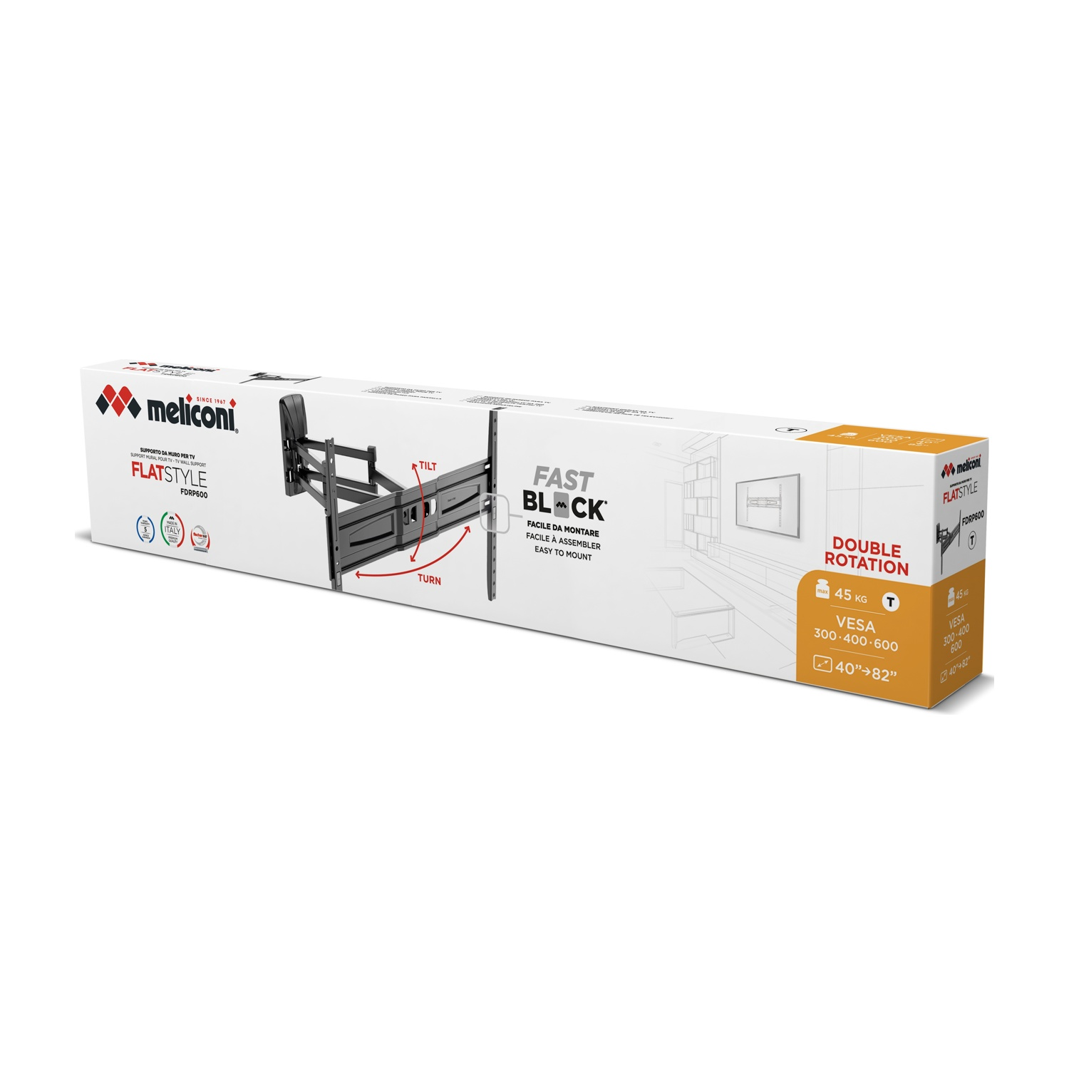 Supporto TV da muro Meliconi Flatstyle, nero, per TV 40-82 pollici, 45kg.