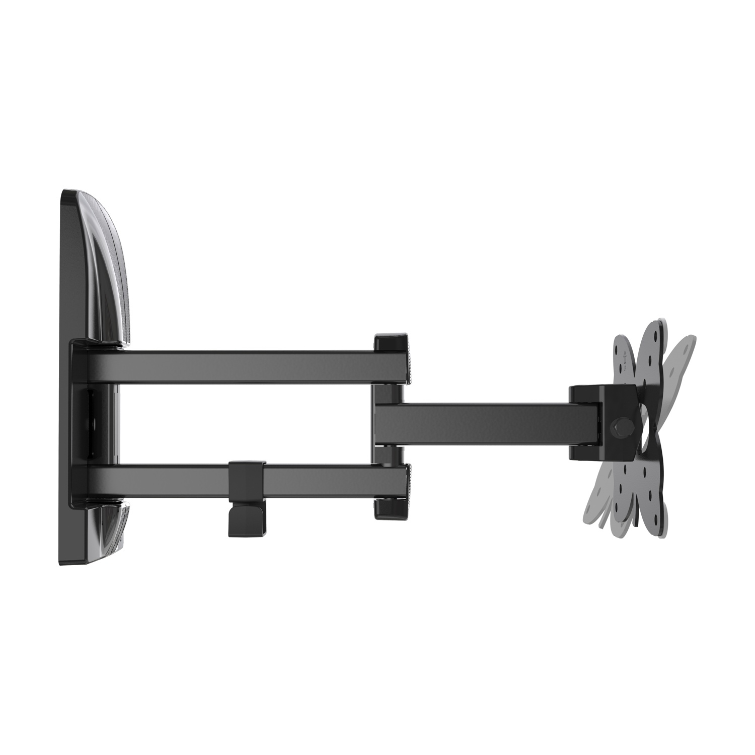 Supporto da parete TV nero articolato con braccio estensibile.