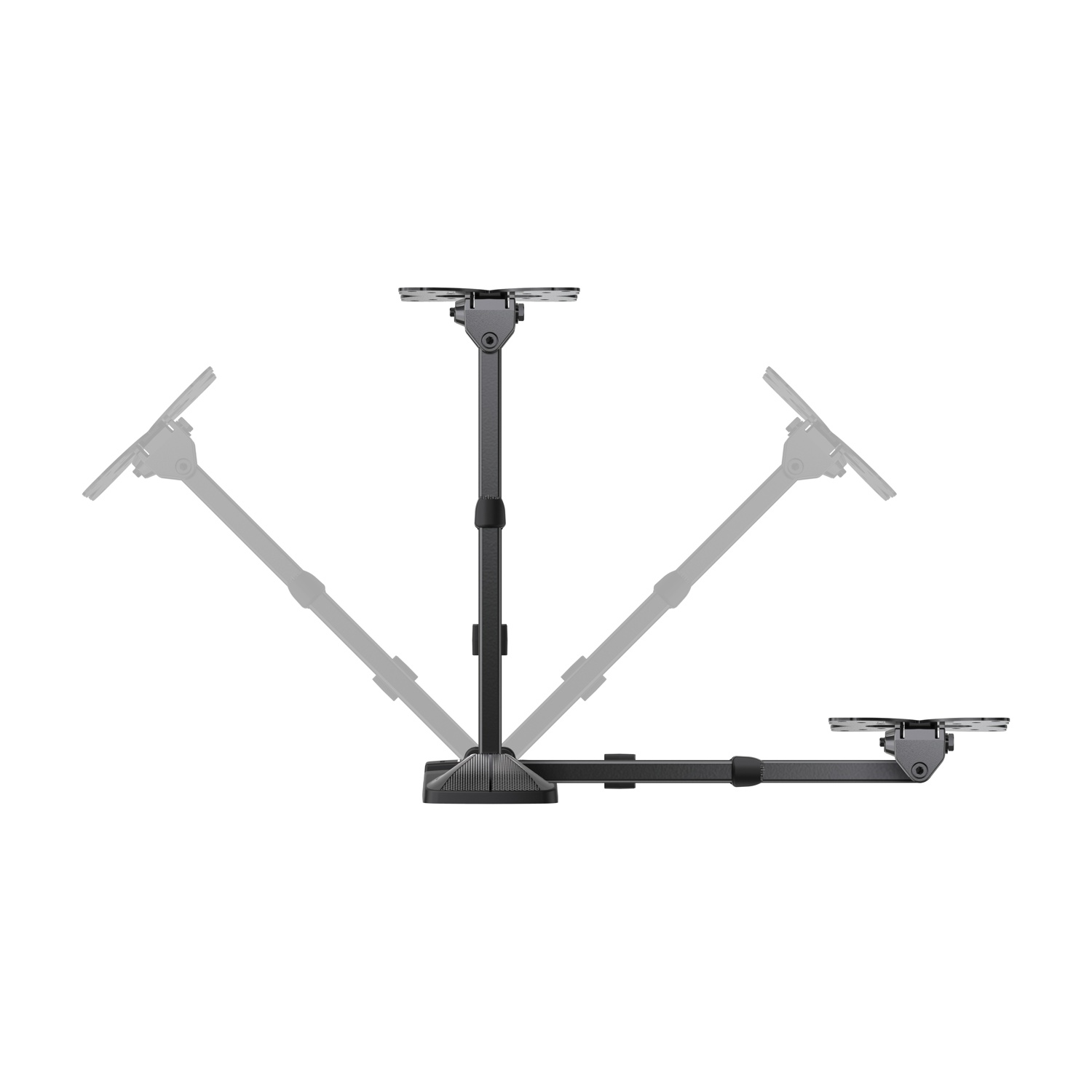 Un braccio monitor nero multi-articolato con una base.