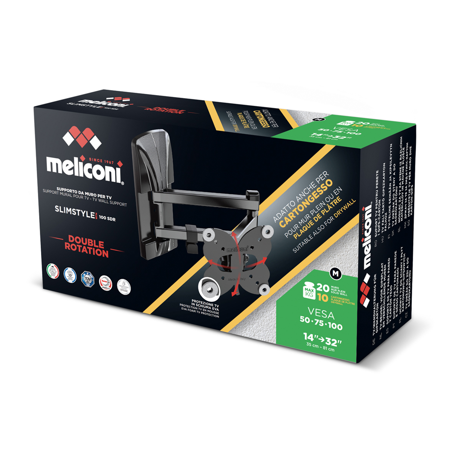 Scatola di un supporto da muro TV Meliconi per TV da 14-32 pollici.