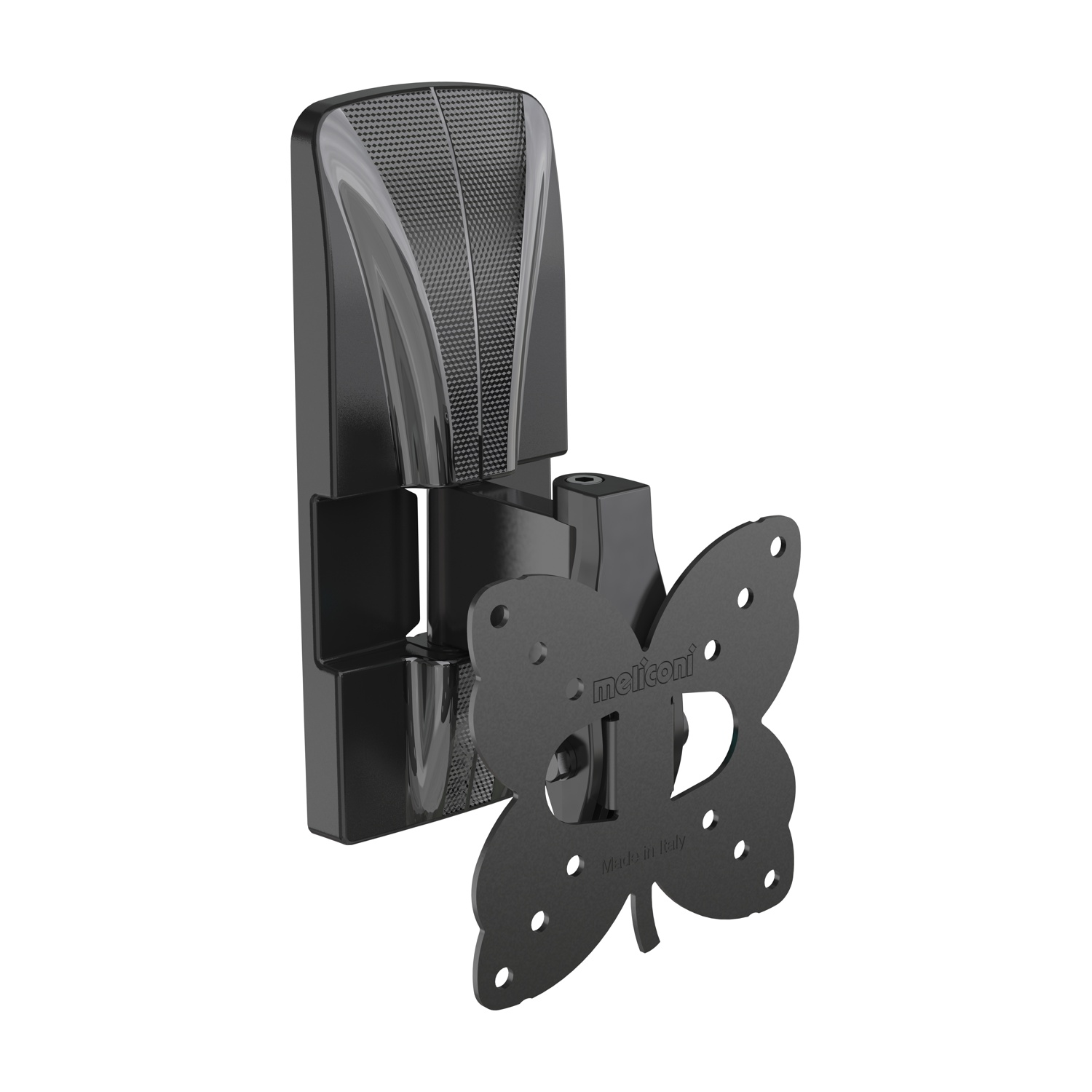 Supporto TV da parete nero, forma a farfalla, con logo Meliconi.