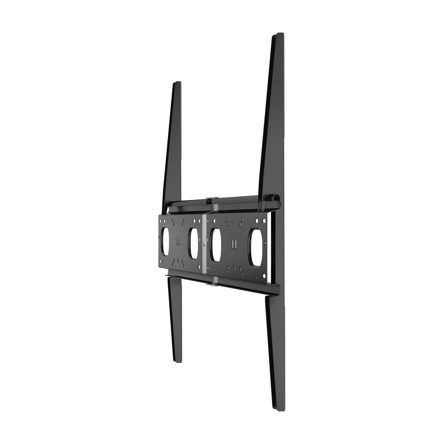 Supporto da parete TV nero con bracci regolabili e piastra.