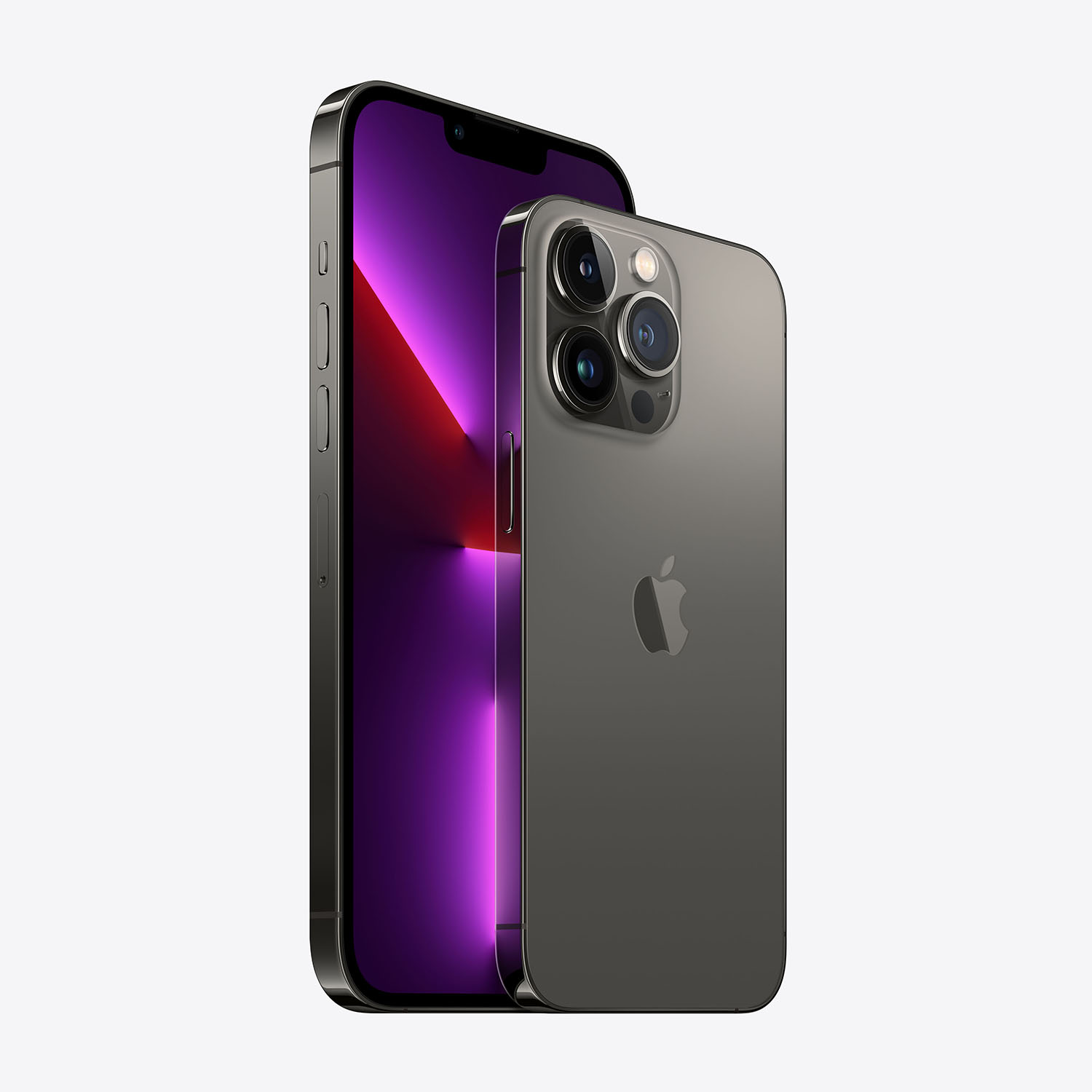 Un iPhone scuro con schermo viola e tripla fotocamera.