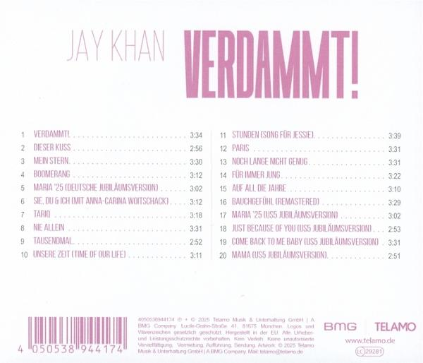 Jay Khan Titel "Verdammt!" mit Trackliste und Barcode auf der Rückseite.