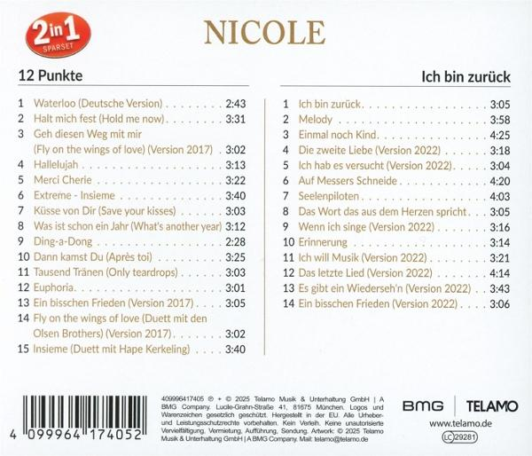 Rückseite eines CD-Covers mit Songliste für Nicole. Links: 12 Punkte, rechts: Ich bin zurück.