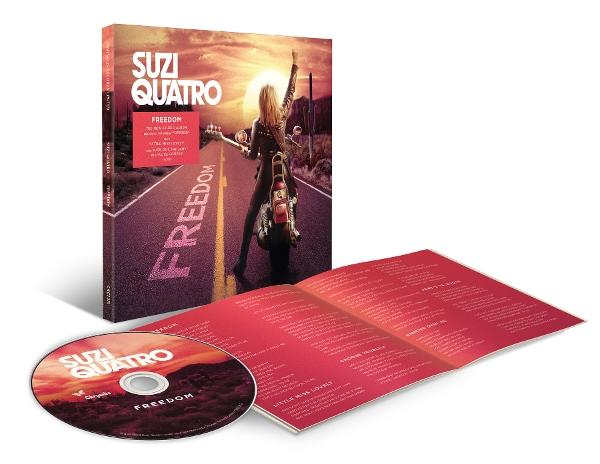 Suzi Quatro Album "Freedom" mit CD und Booklet auf rotem Hintergrund.