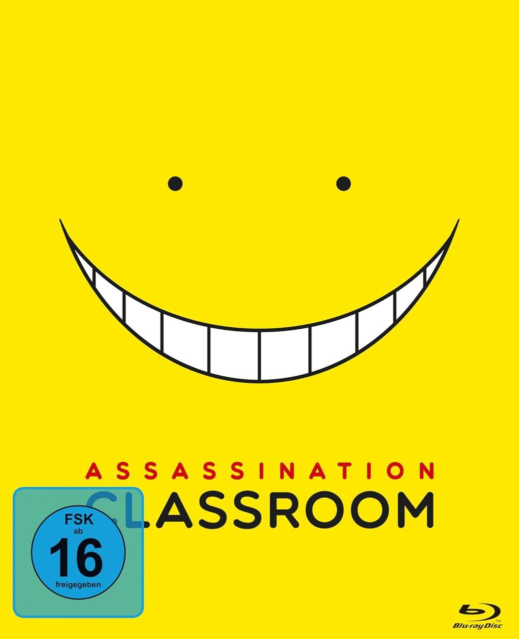 Gelber Hintergrund mit schwarzem Gesicht, Zähnen, Augen und „Assassination Classroom“.
