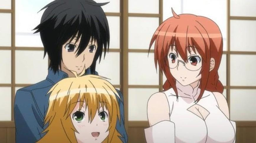 Drei Anime-Charaktere: Ein Mann mit schwarzen Haaren und zwei Frauen mit blonden und roten Haaren.