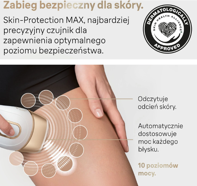 Depilator z ochroną skóry na nodze, mierzący odcień skóry.