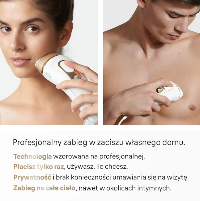 Kobieta i mężczyzna używają depilatora IPL na twarzy i klatce piersiowej.