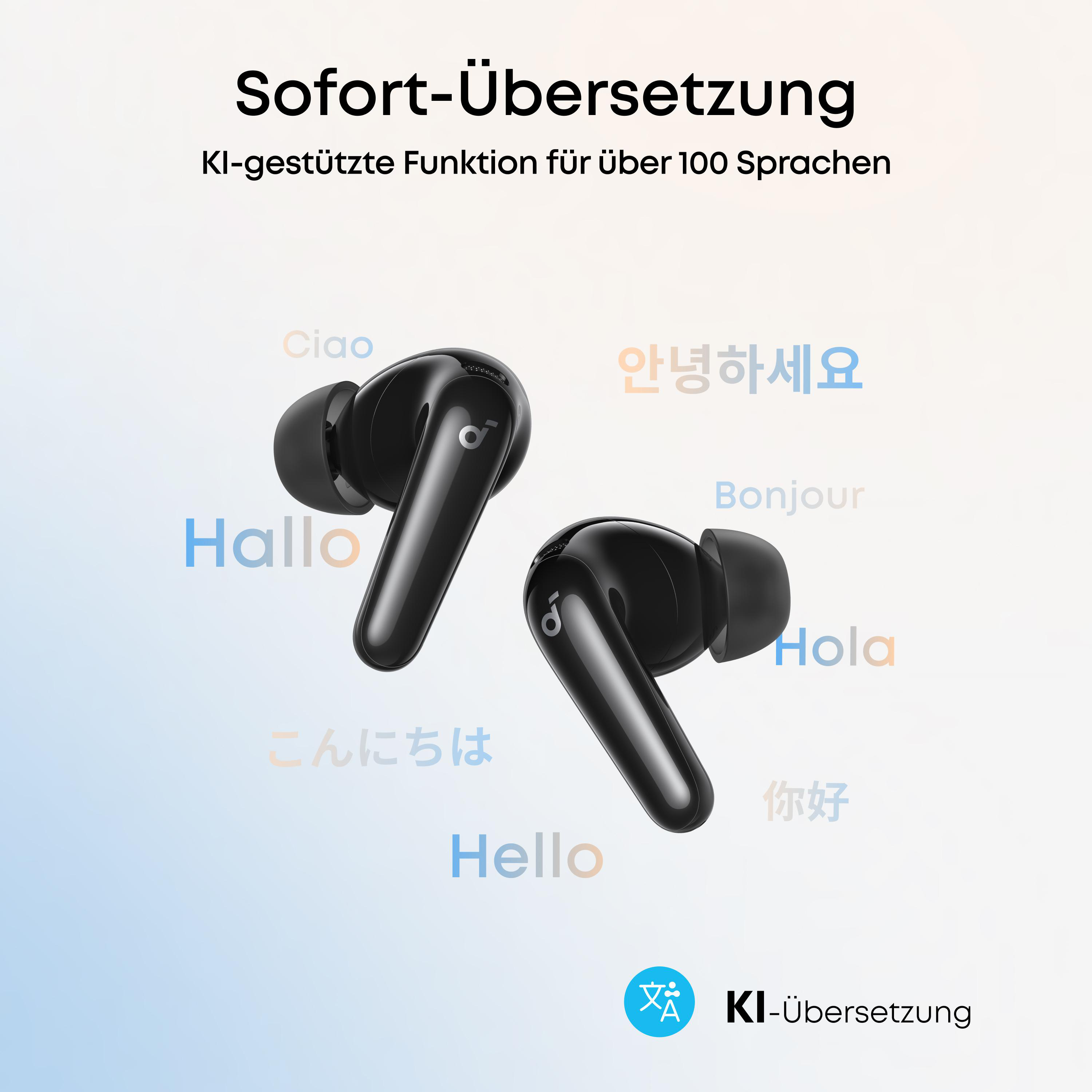 Zwei schwarze Kopfhörer mit verschiedenen Sprachbegrüßungen im Hintergrund.