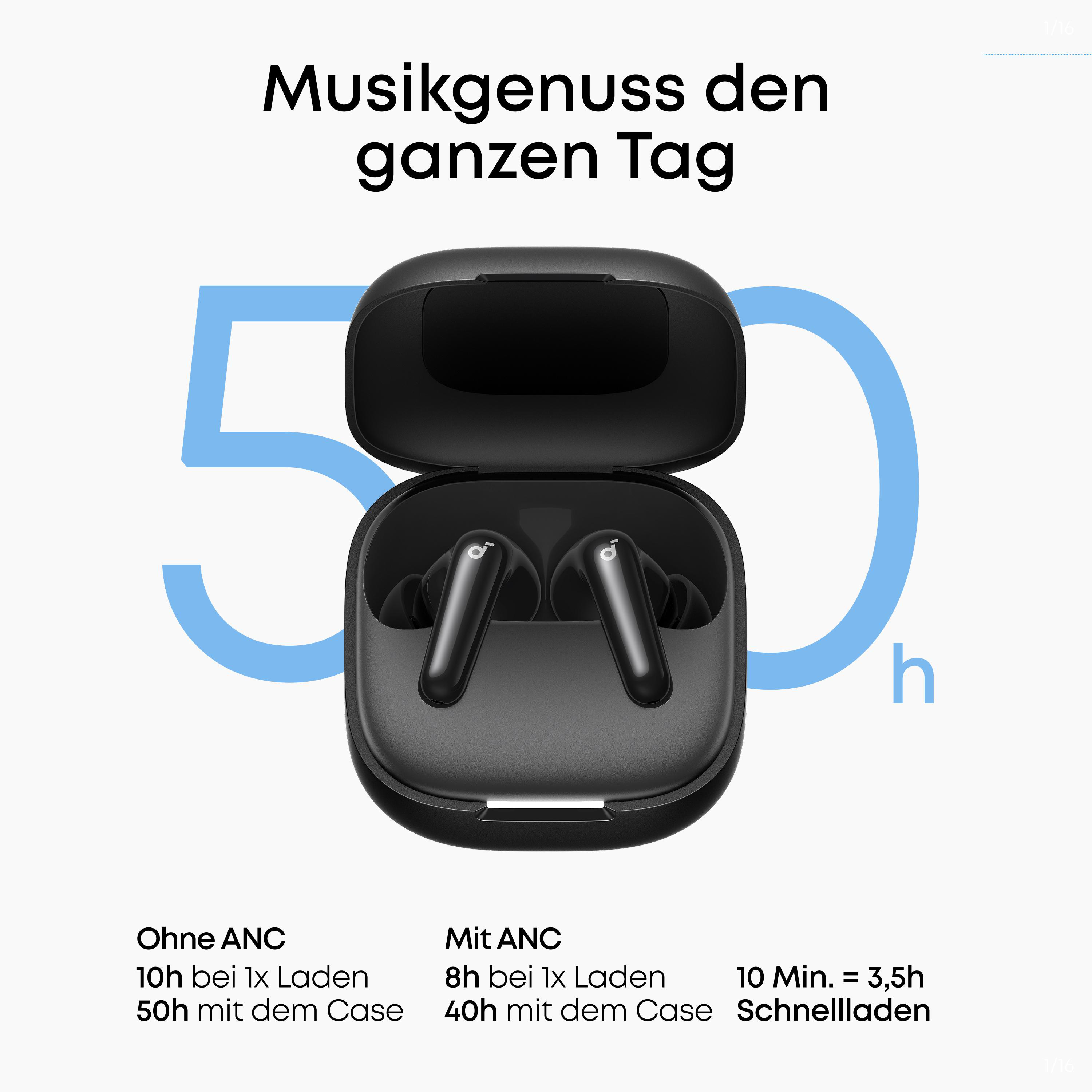 Schwarze Kopfhörer im geöffneten Ladecase, mit Akkulaufzeitangaben.
