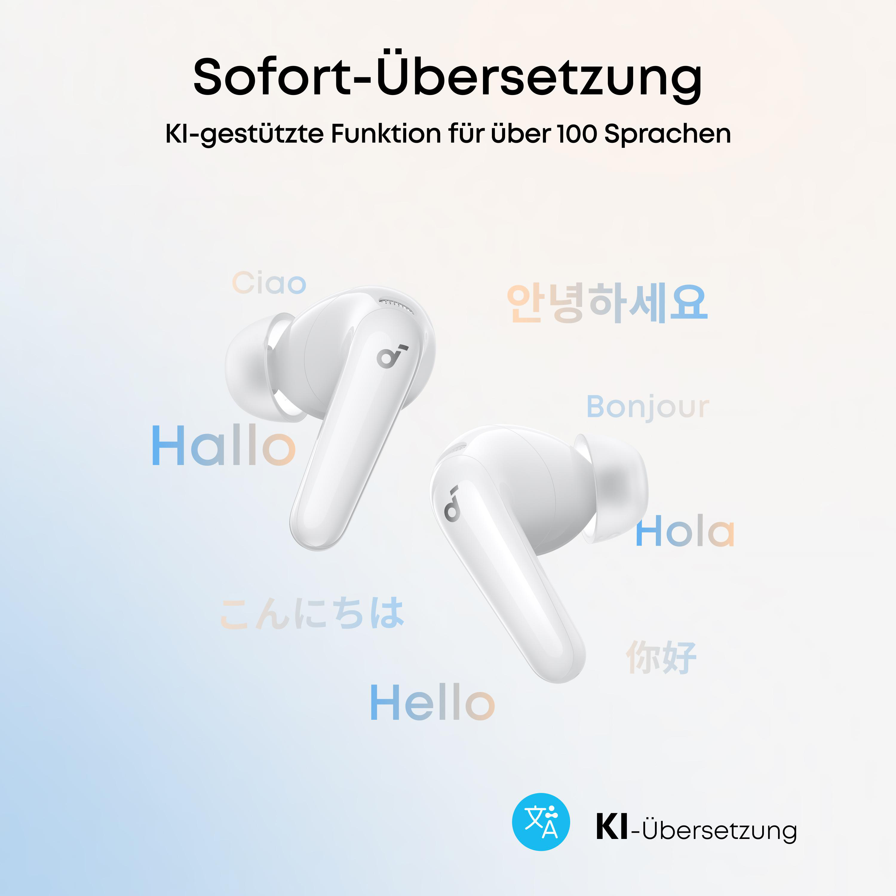 Zwei weiße kabellose Ohrhörer mit verschiedenen Sprachbegrüßungen.