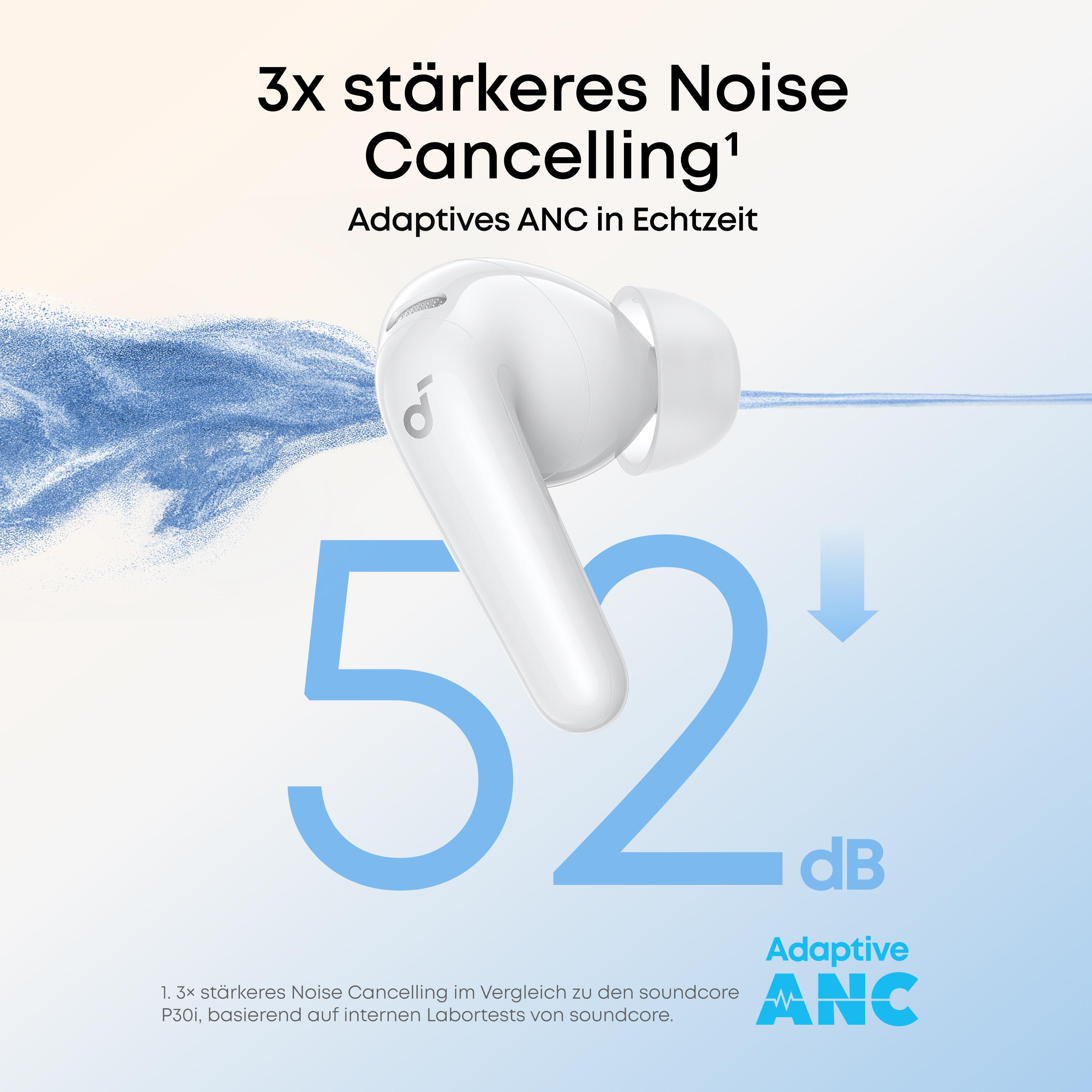 Ein weißer Earbud mit blauer Partikelwolke und der Zahl 52 dB.