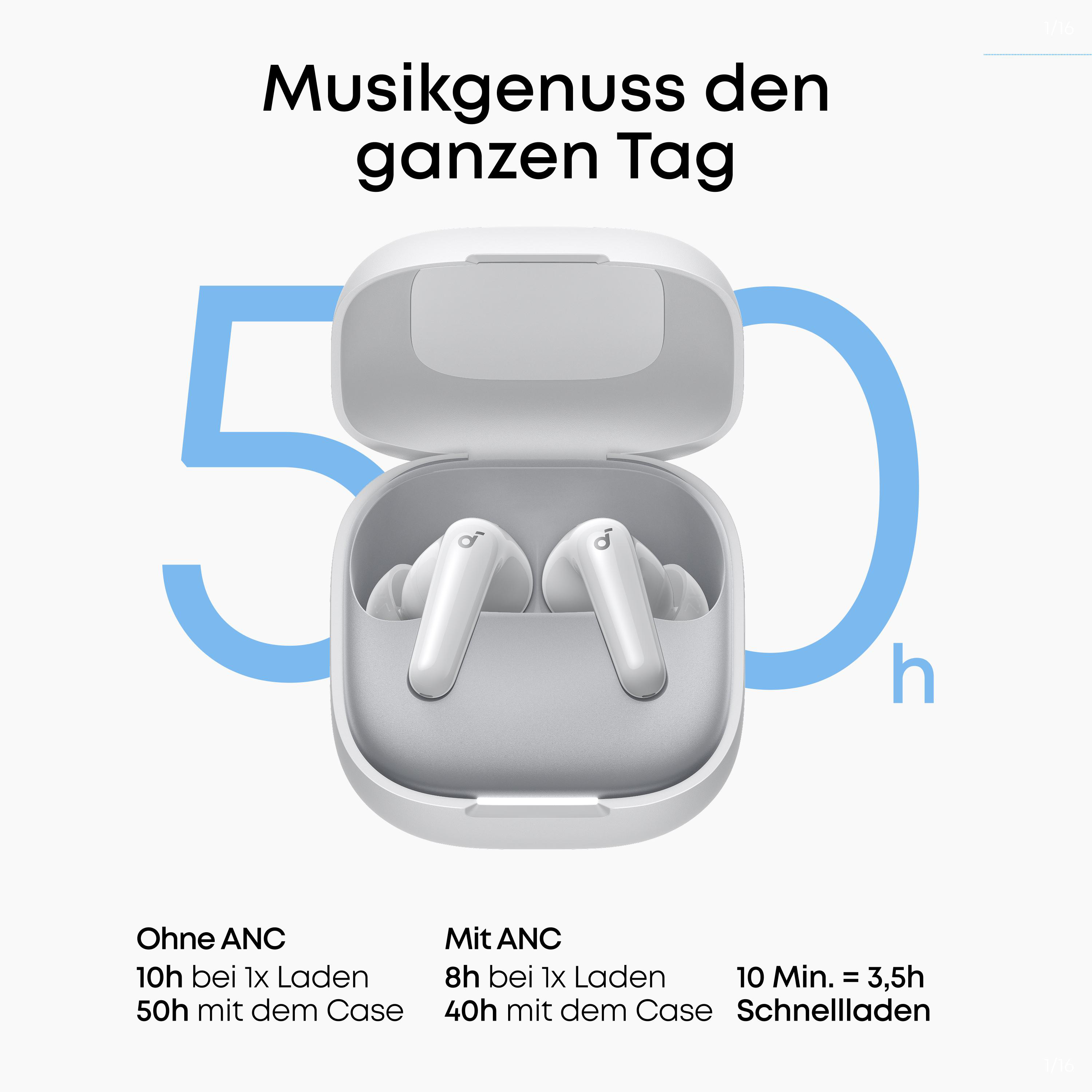 Weiße Kopfhörer in einem geöffneten grauen Ladecase mit Ladezeiten.