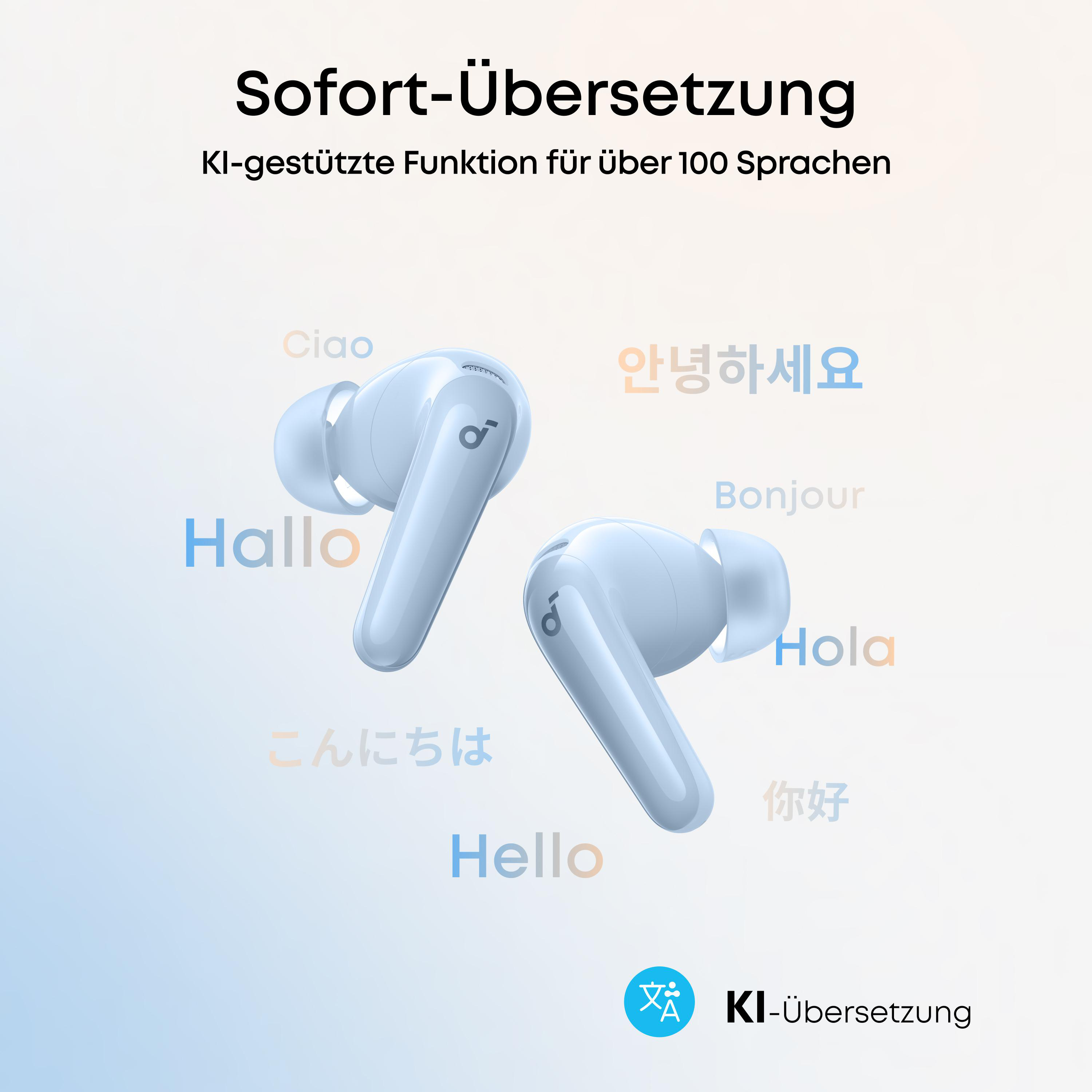Zwei hellblaue Kopfhörer mit Grußformeln in verschiedenen Sprachen.