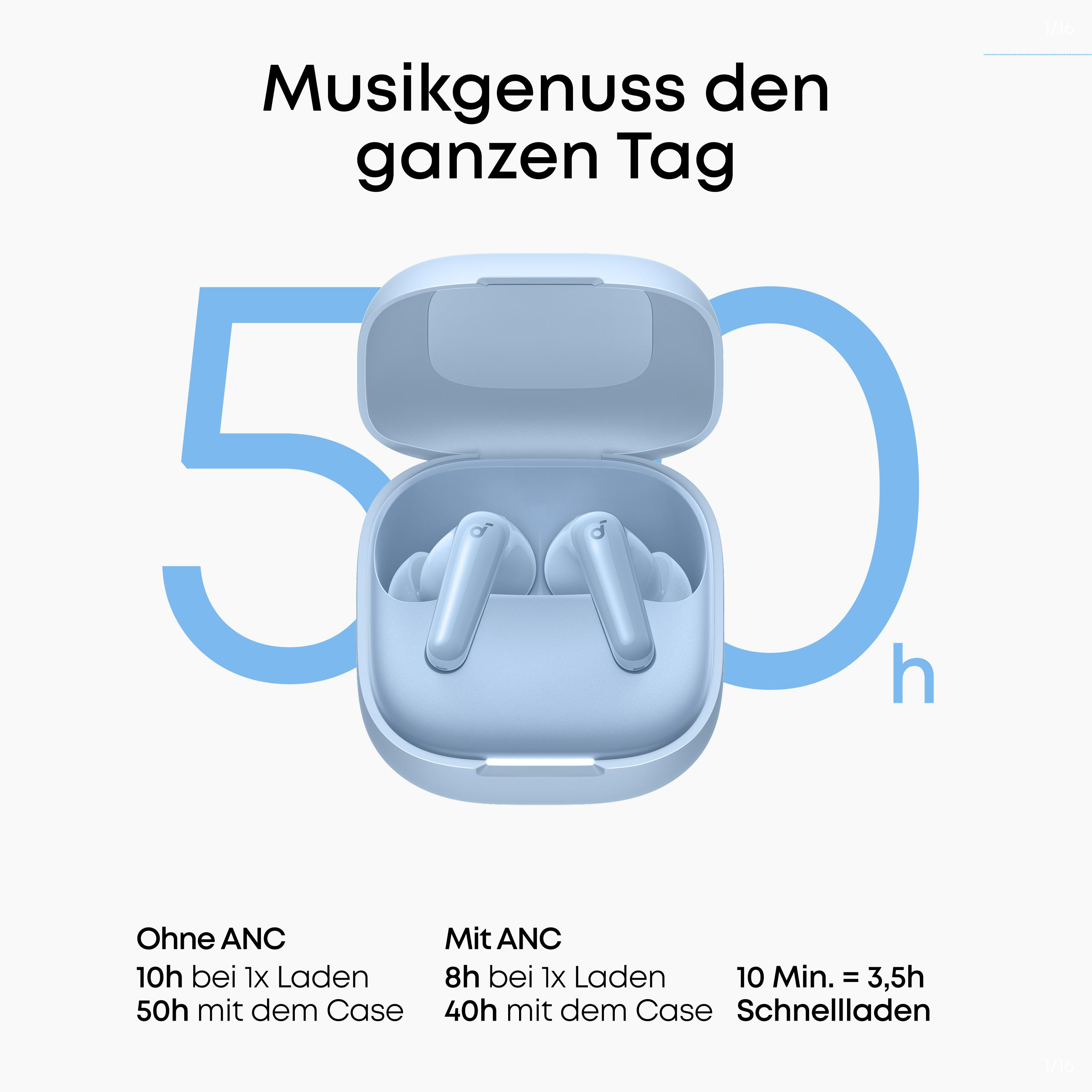 Blaue Kopfhörer im Ladecase mit '50h' Schriftzug. Musikgenuss den ganzen Tag.