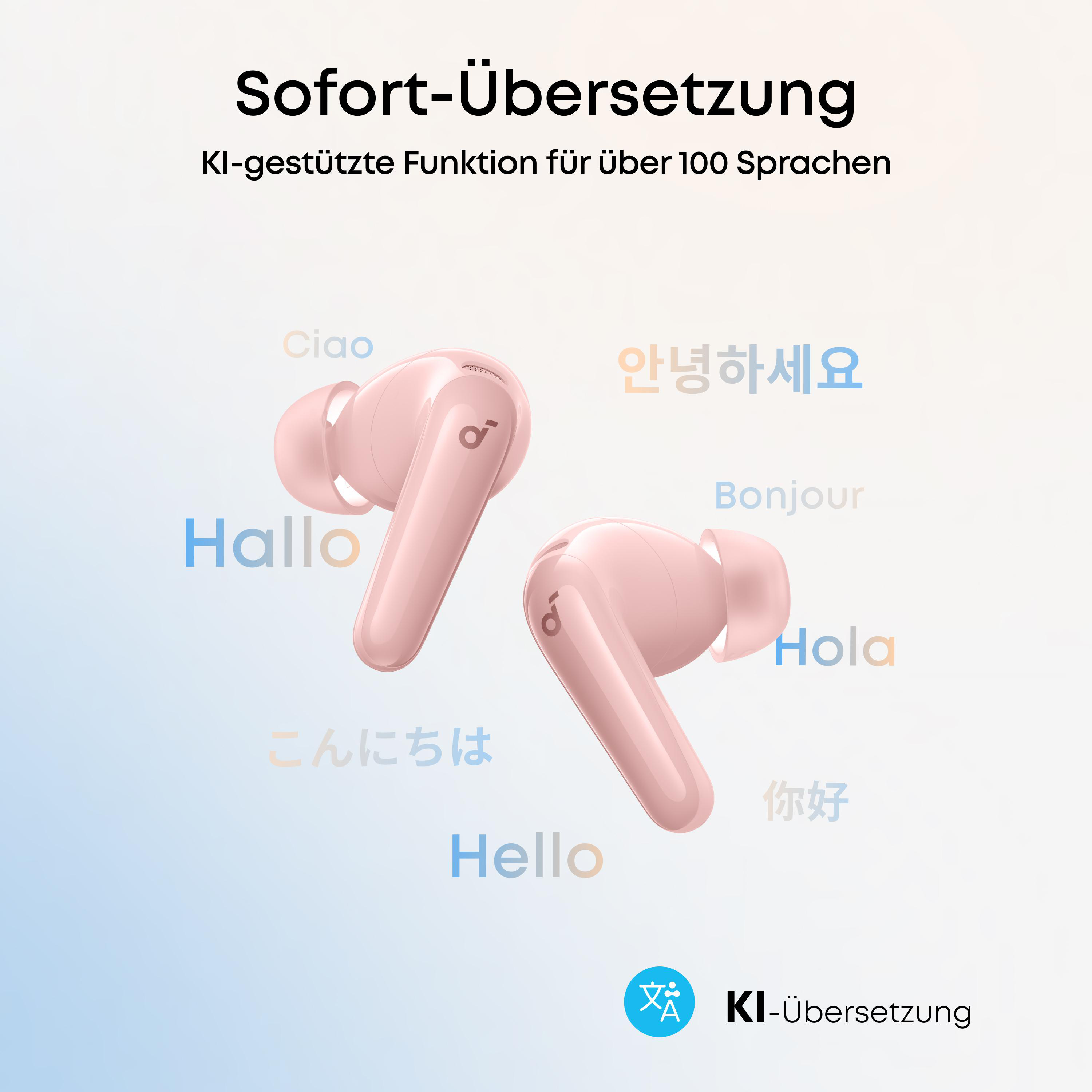 Zwei rosafarbene Ohrhörer mit mehreren Sprachbegrüßungen im Hintergrund.