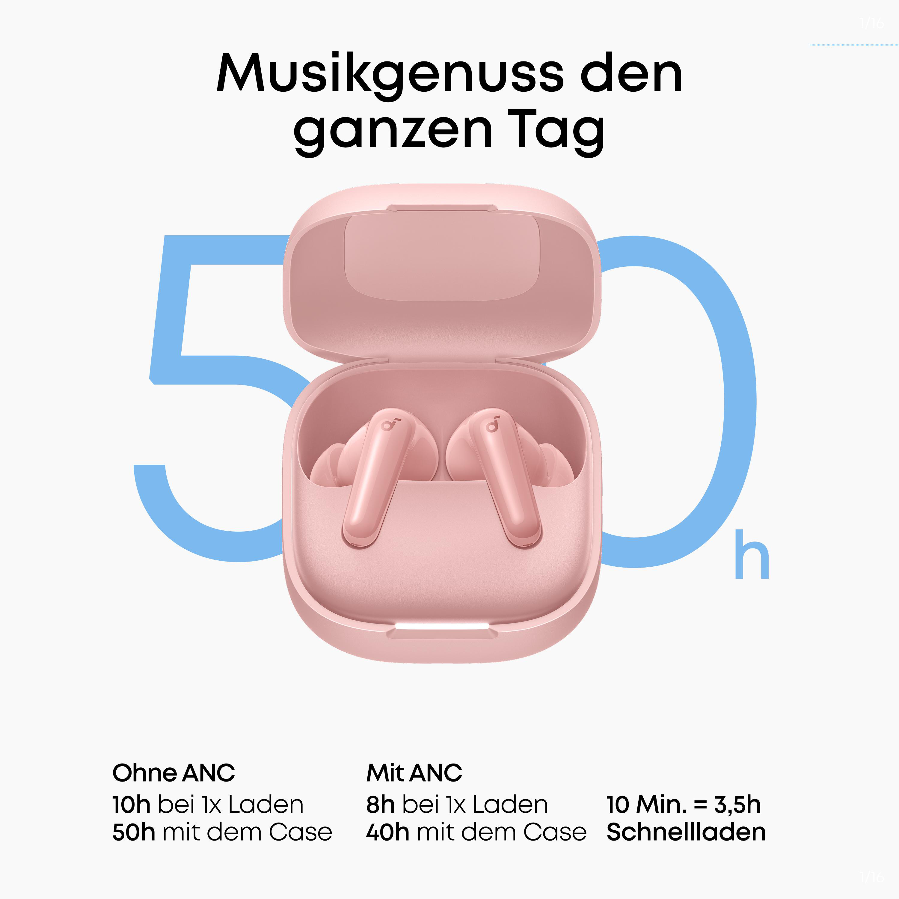 Rosa Kopfhörer in offenem Ladecase, mit 50h Akkulaufzeit-Angabe.