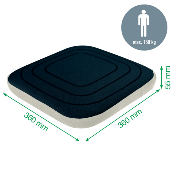 Dunkelblaues Sitzkissen, 360x360x55mm, max. 150kg.