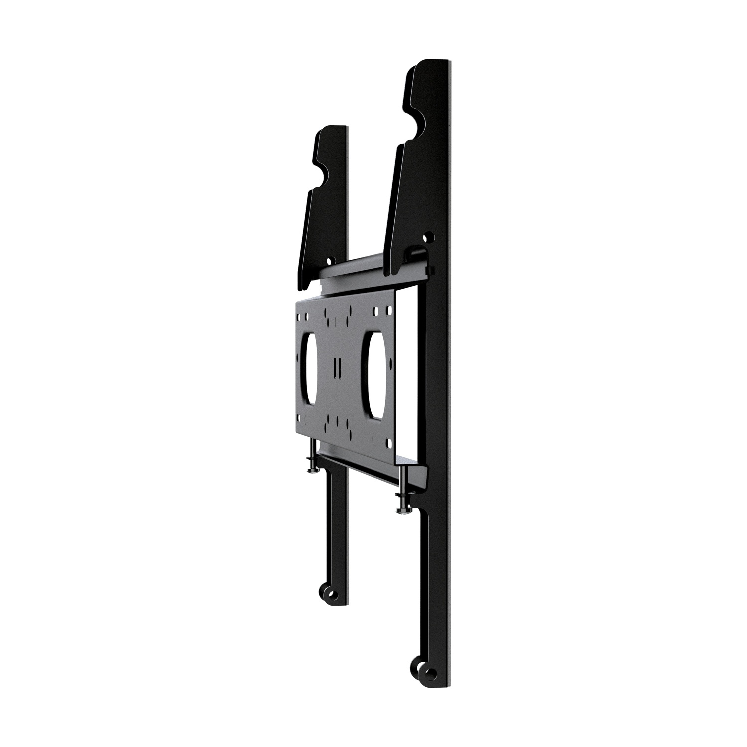 Supporto da parete TV nero con bracci regolabili e fori di montaggio.