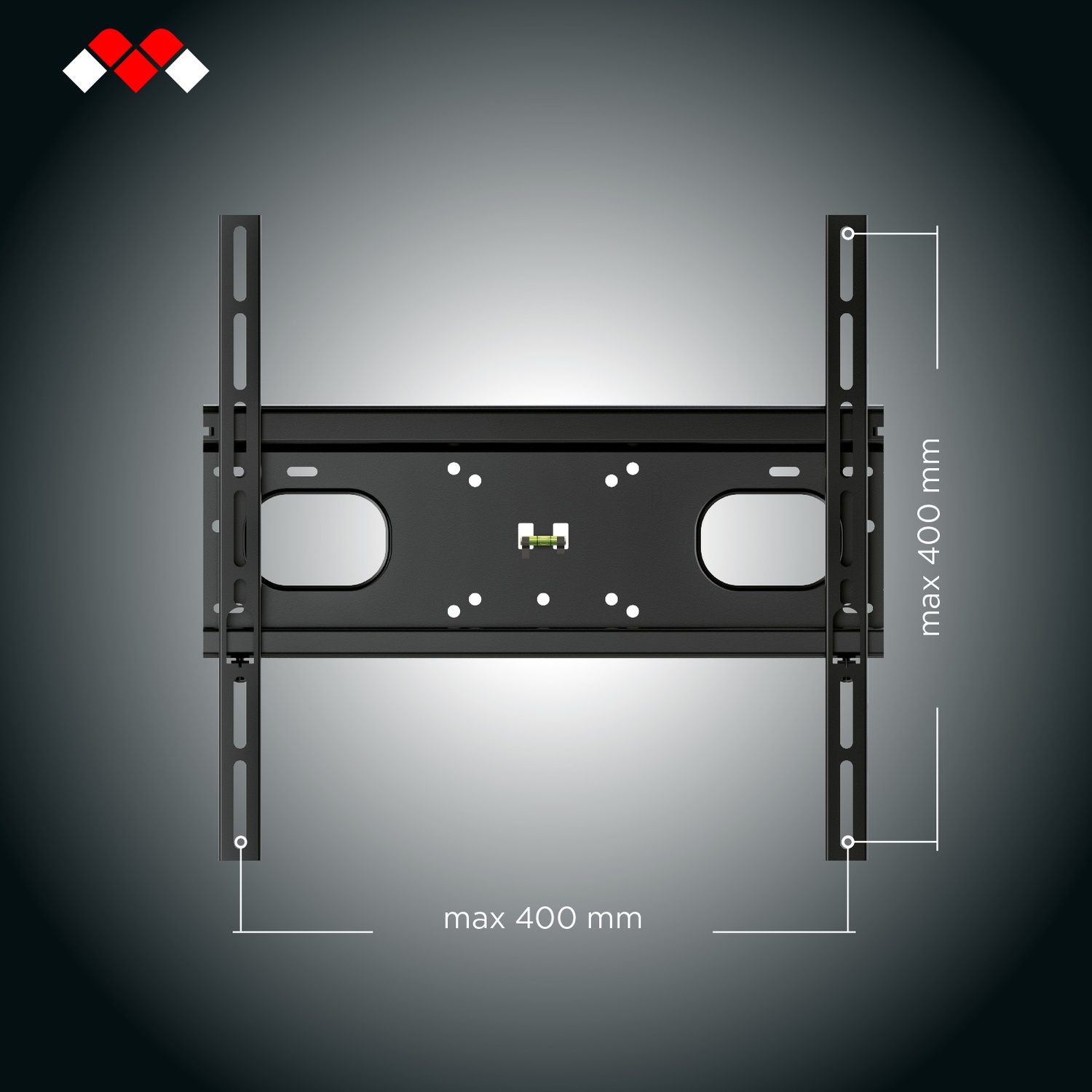 Supporto da parete TV nero con livella e misure 400 mm.
