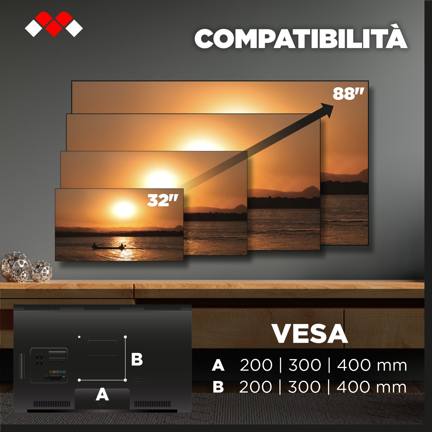 Dimensioni TV da 32" a 88", sono mostrate le misure VESA A e B.