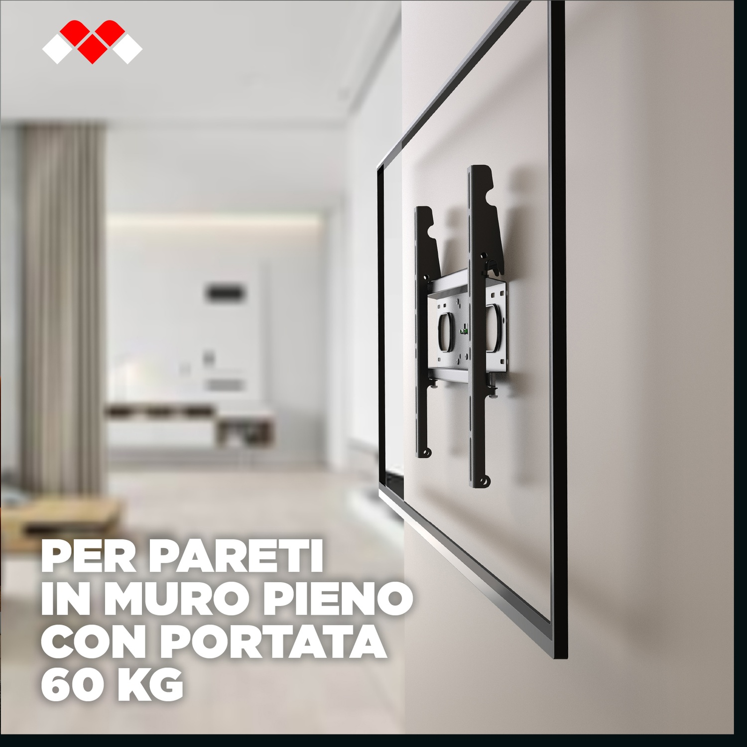 Un supporto da parete TV nero su un televisore fissato a un muro.