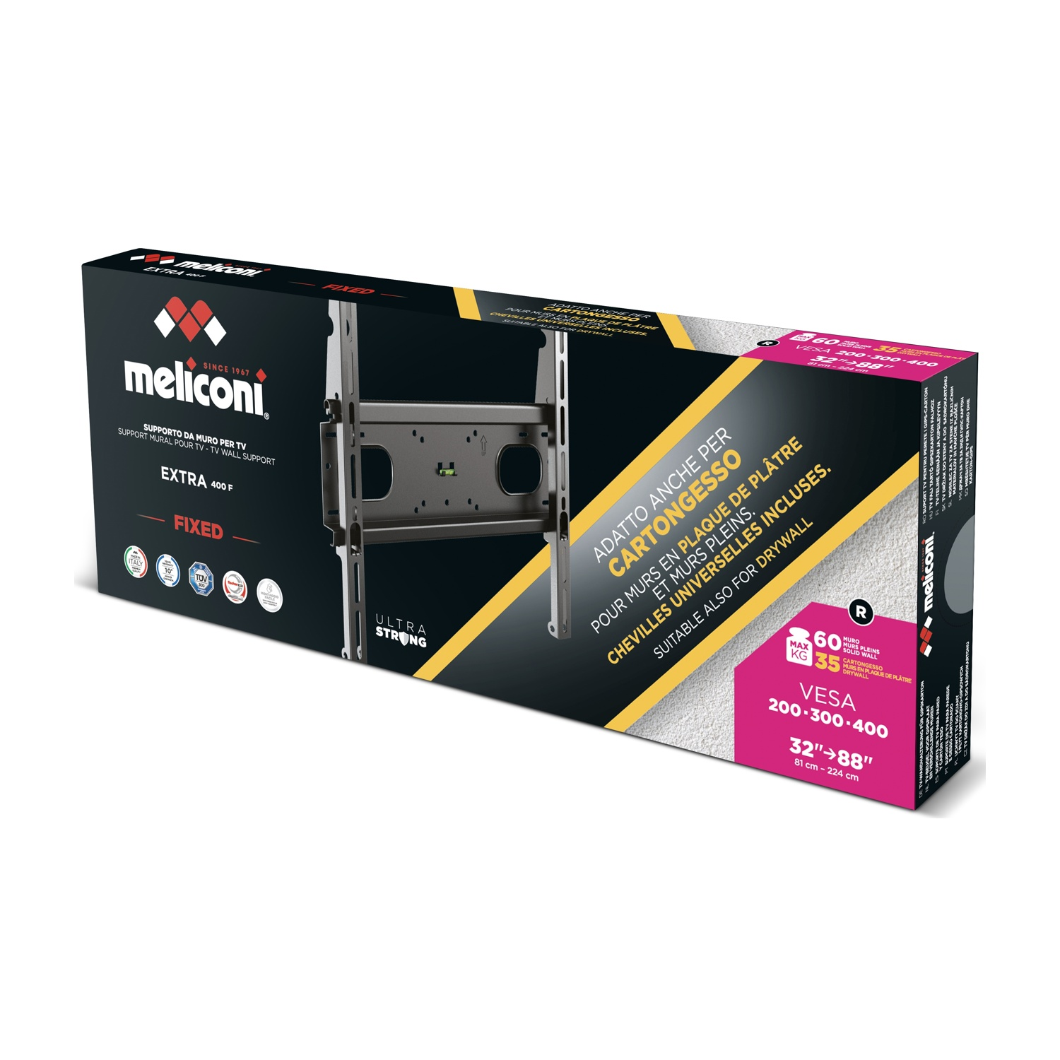 Scatola di un supporto da muro TV Meliconi, modello Extra 400 F, per cartongesso.