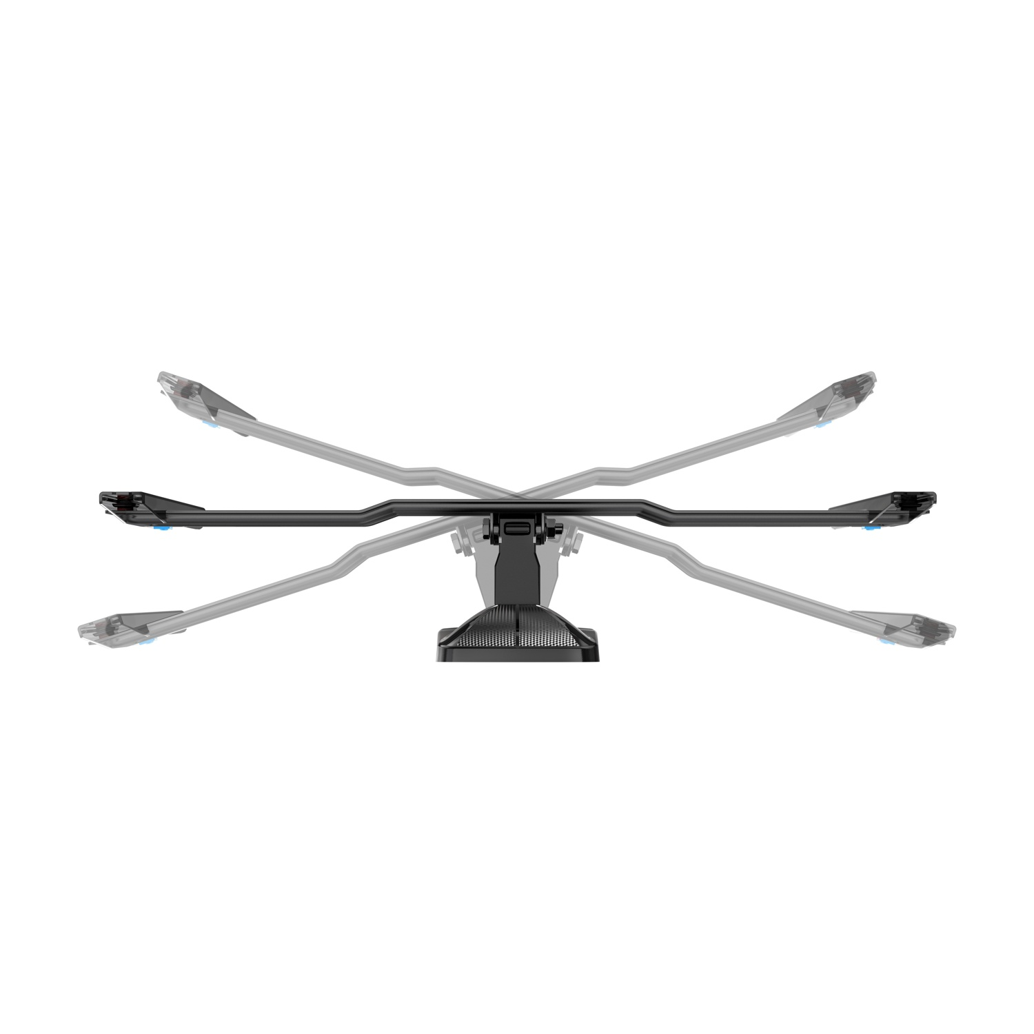 Un supporto nero per laptop con bracci estensibili su sfondo bianco.