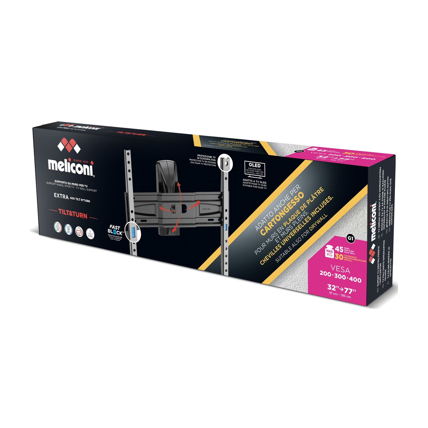 Scatola supporto TV a muro Meliconi, 32-77 pollici, VESA 200-400, nero/rosa.