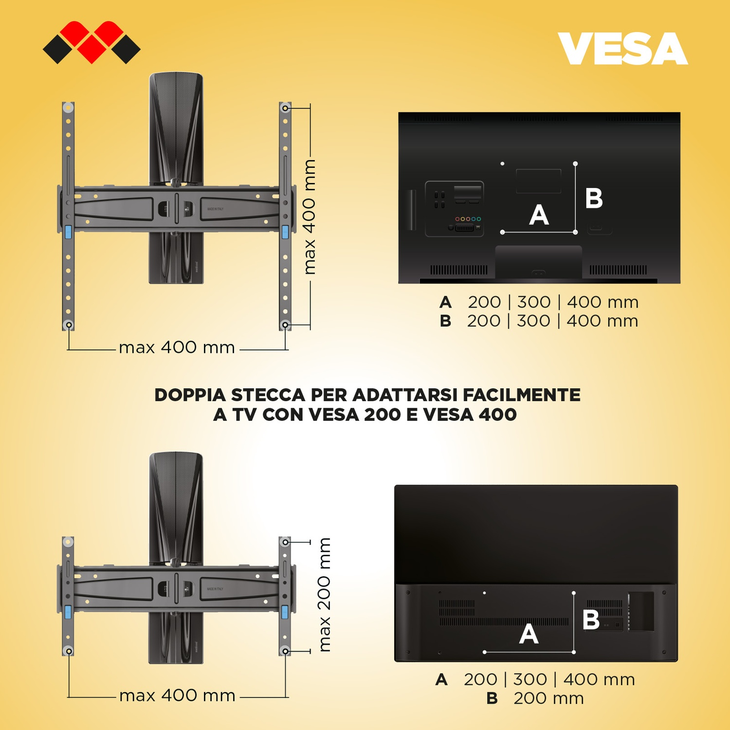Supporto TV da parete con VESA, max 400 mm larghezza e altezza.