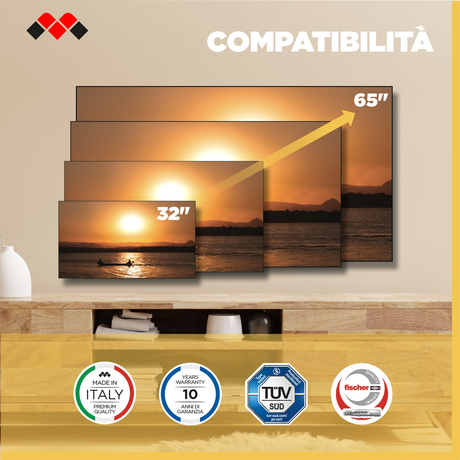 Dimensioni TV da 32" a 65" con scena al tramonto. Logo "Made in Italy".