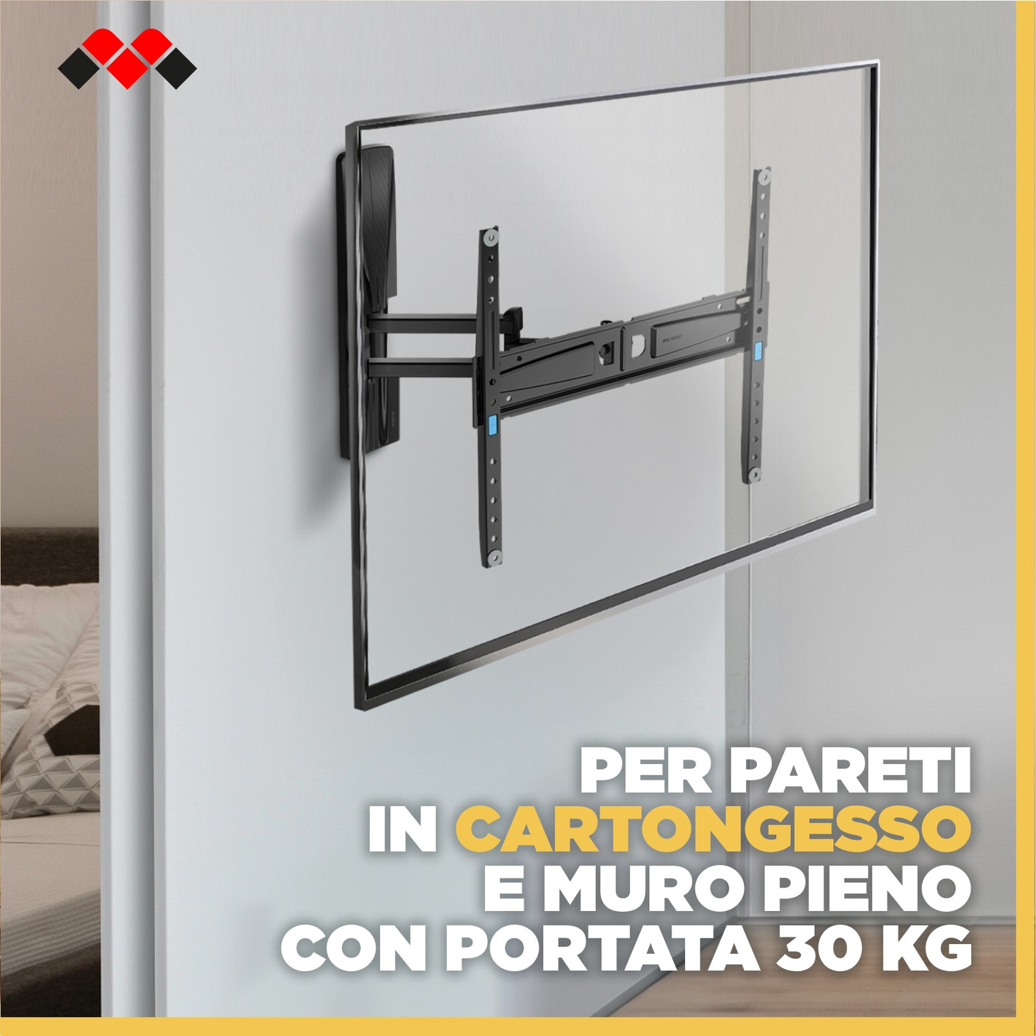 Un supporto TV da parete nero è installato su una parete bianca, con testo in italiano sovrapposto all'immagine.