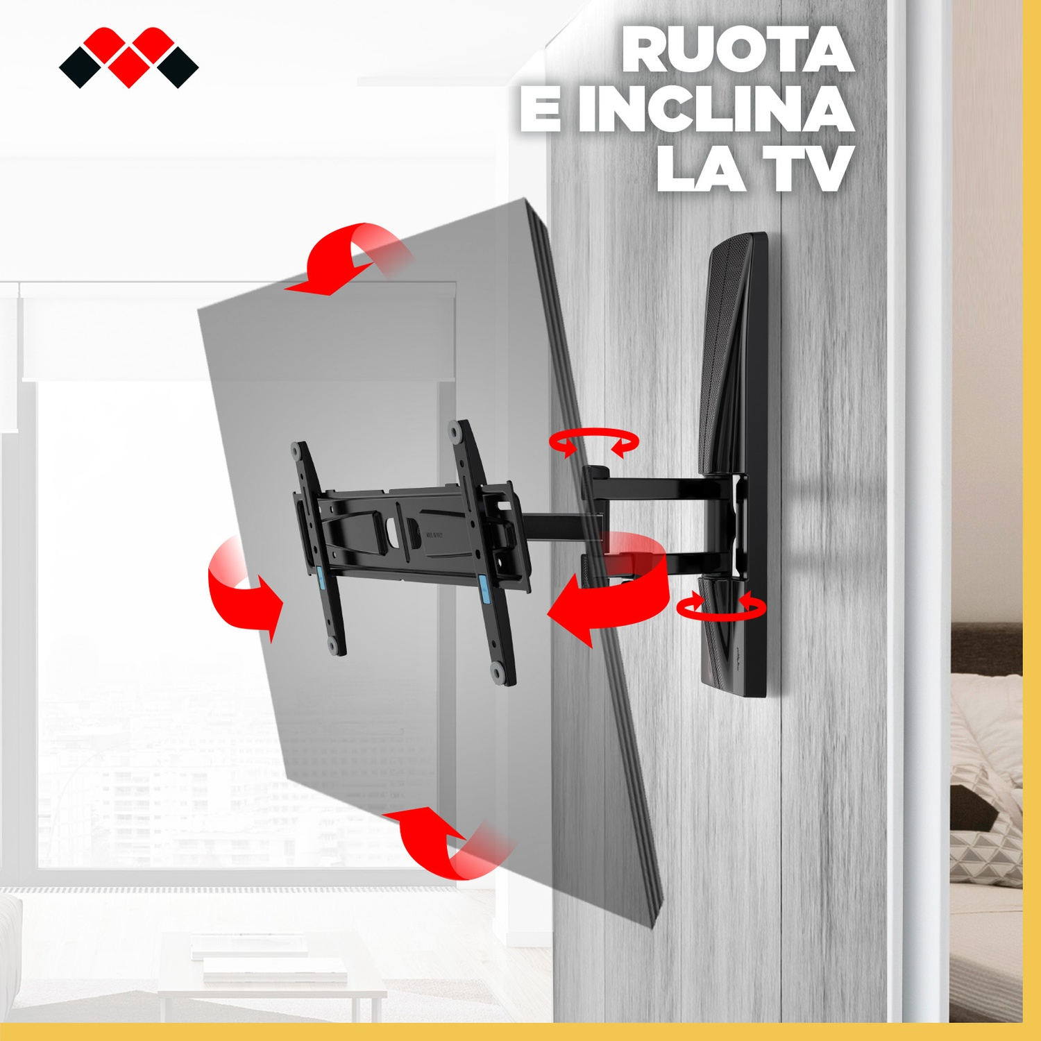 Supporto TV nero con frecce rosse che indicano le funzioni di rotazione e inclinazione.