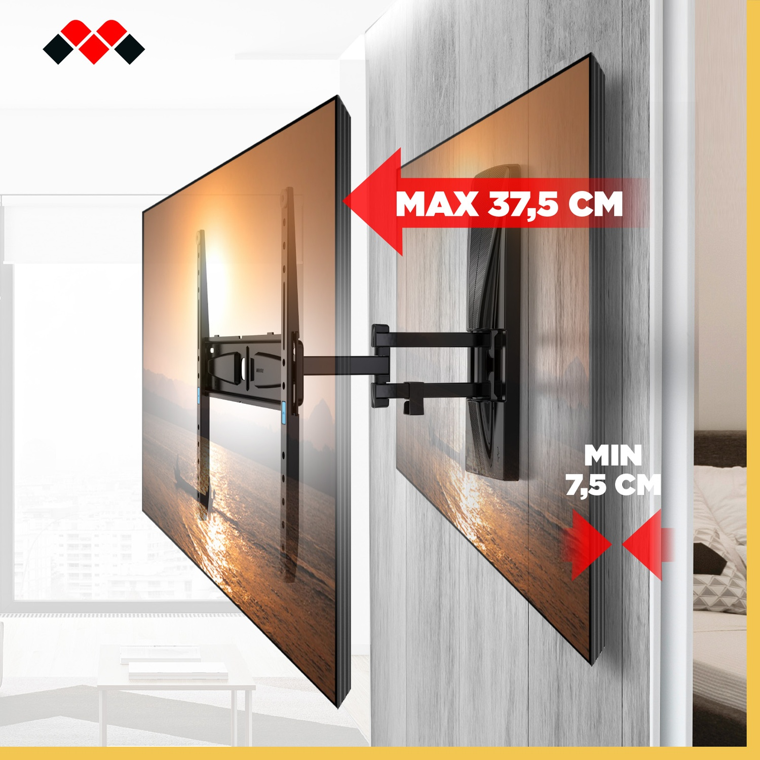 Supporto da parete TV nero con braccio estensibile, max 37,5 cm, min 7,5 cm.
