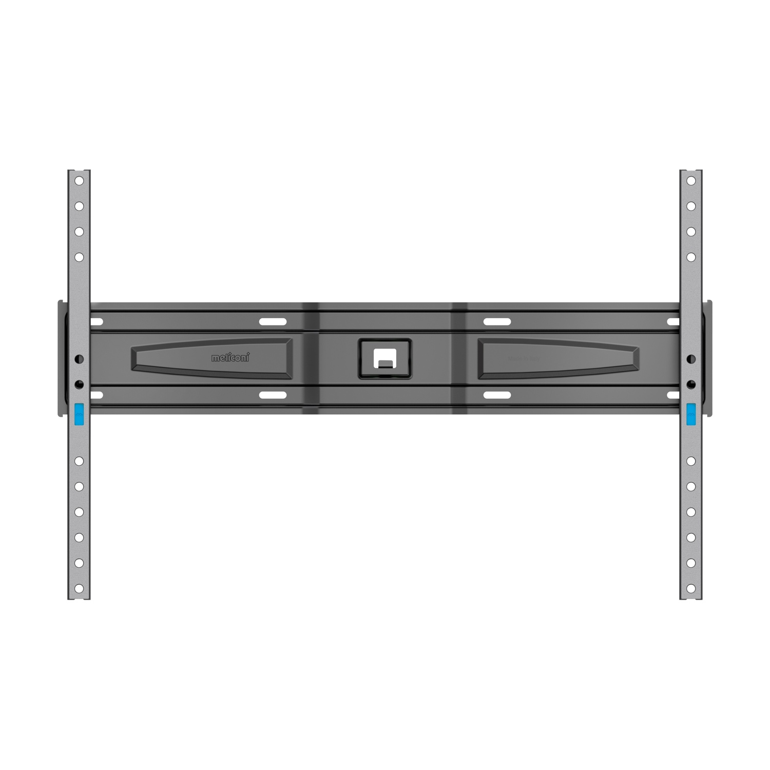 Supporto da parete TV grigio con bracci verticali e fori.