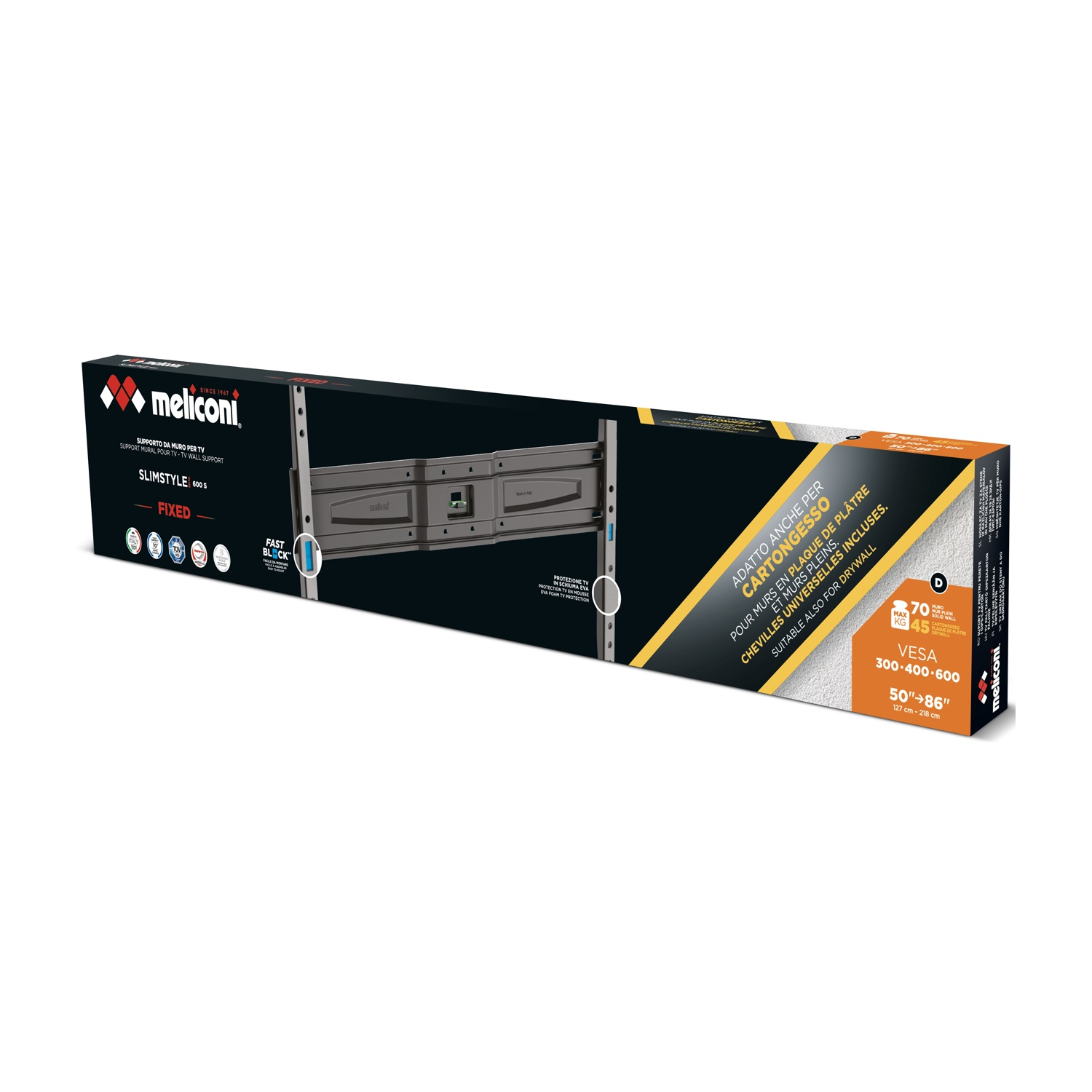 Scatola supporto TV da muro Meliconi Slimstyle 600 S, per TV da 50-86 pollici.
