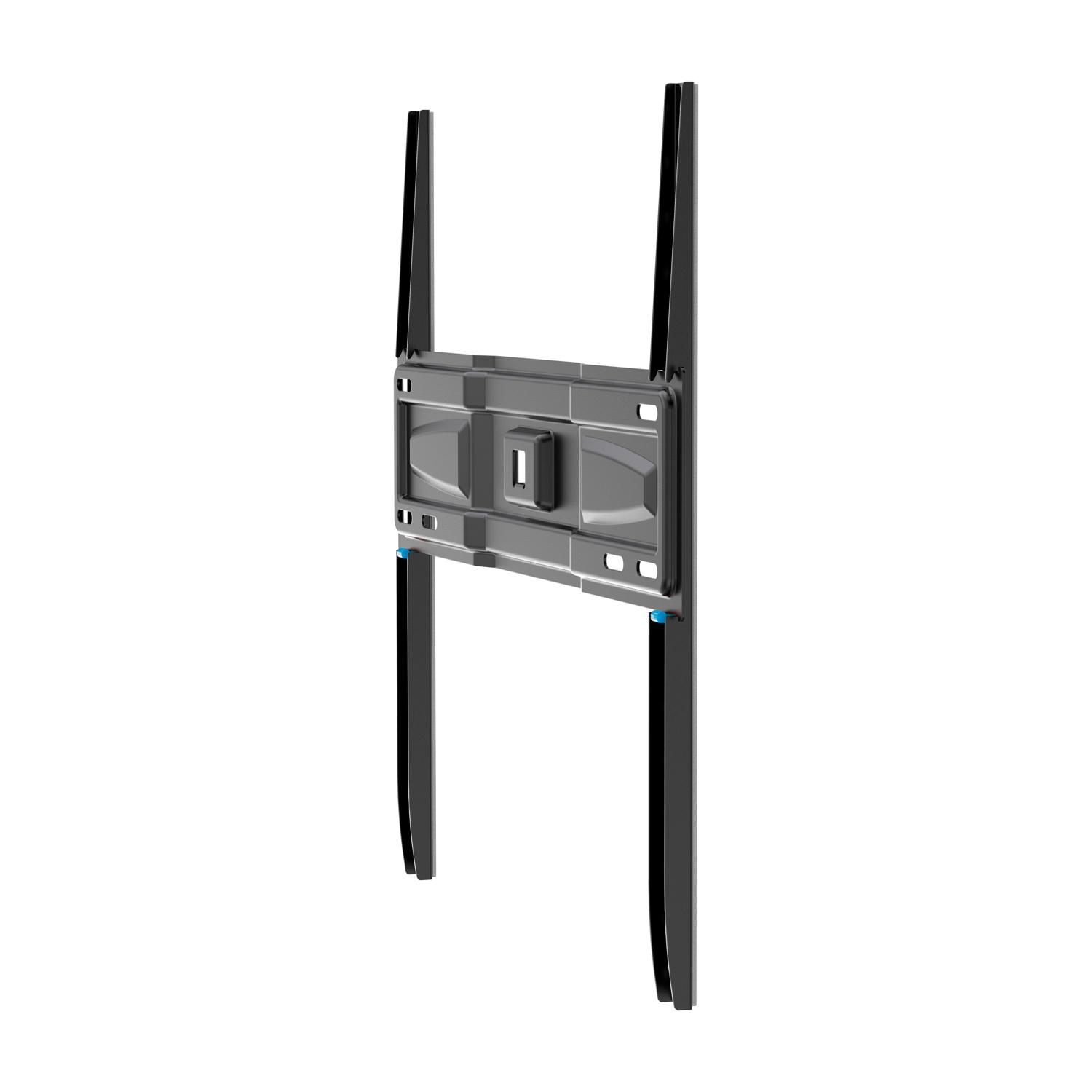 Un supporto da parete TV grigio con due bracci verticali e accenti blu.