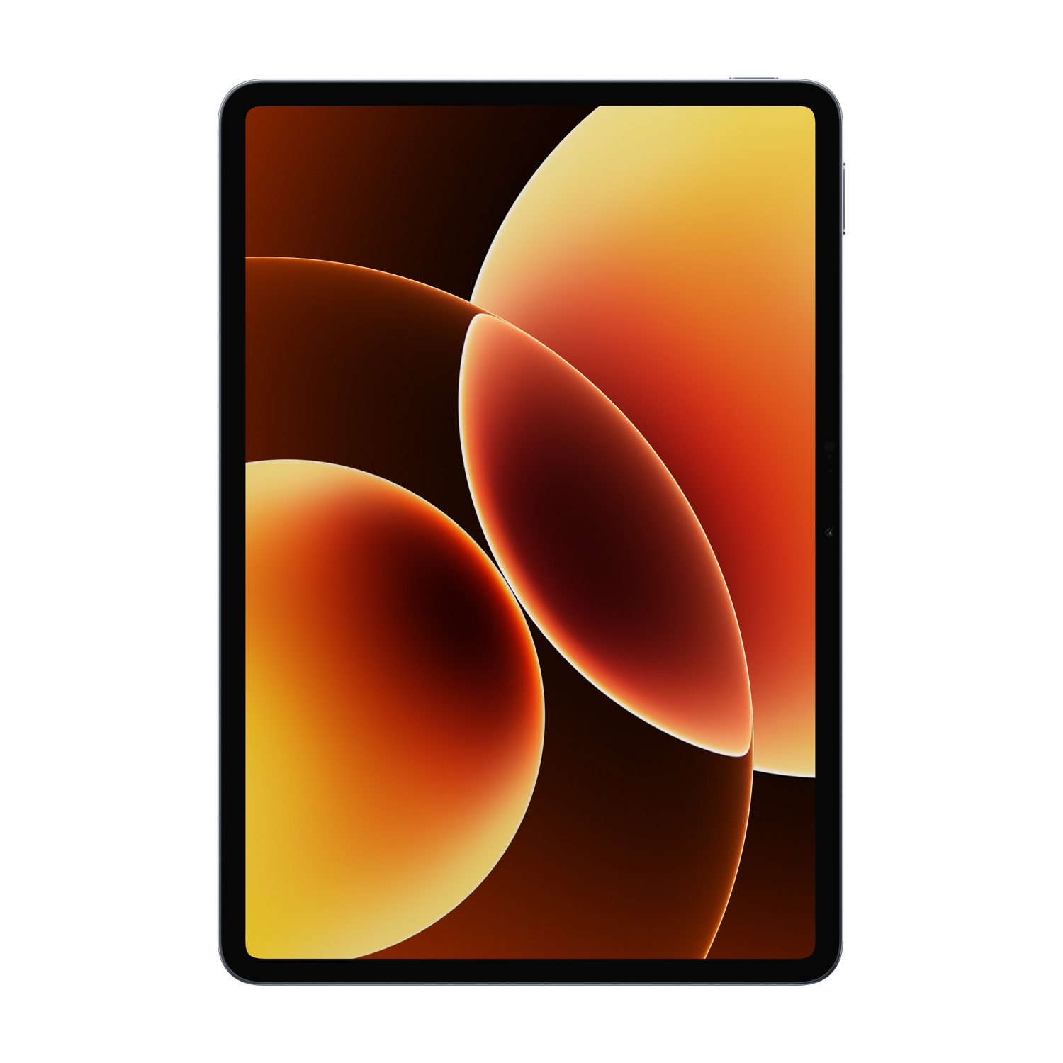 Un tablet scuro mostra uno sfondo astratto con sfumature arancioni e gialle.