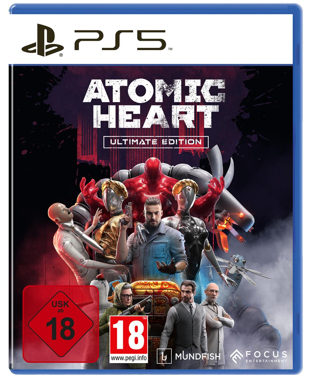 Atomic Heart Ultimate Edition PS5 Cover mit Charakteren, Robotern und USK 18 Siegel.