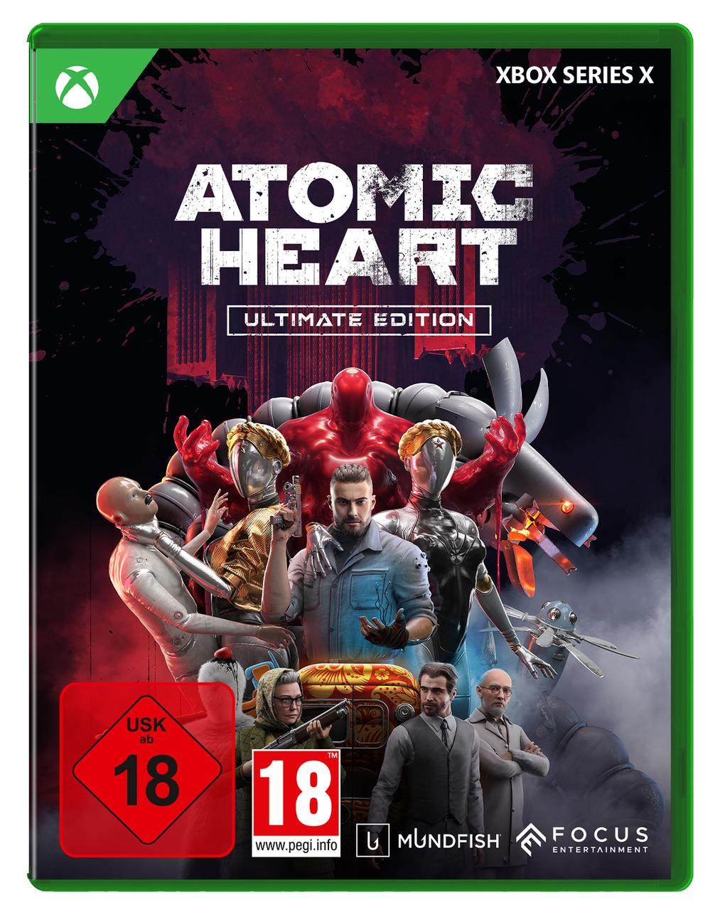 Atomic Heart Ultimate Edition Cover: Roboter, Menschen, USK 18 Siegel.